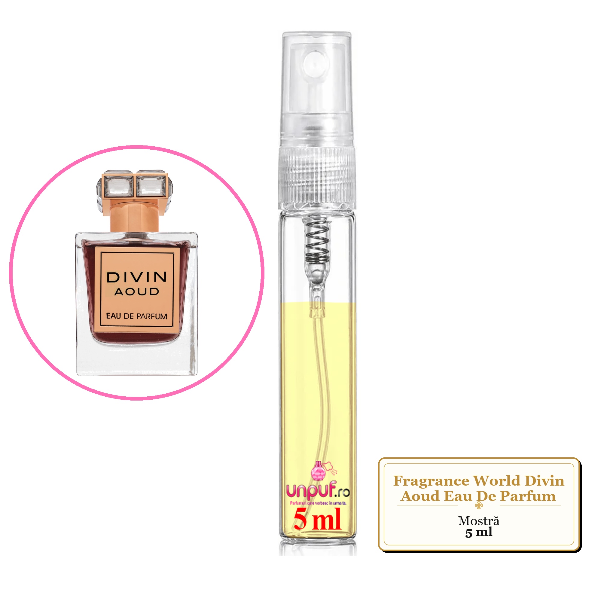 Mostra fiola din Parfumul Fragrance World Divin Aoud Eau De Parfum, decant sticla cu pulverizator