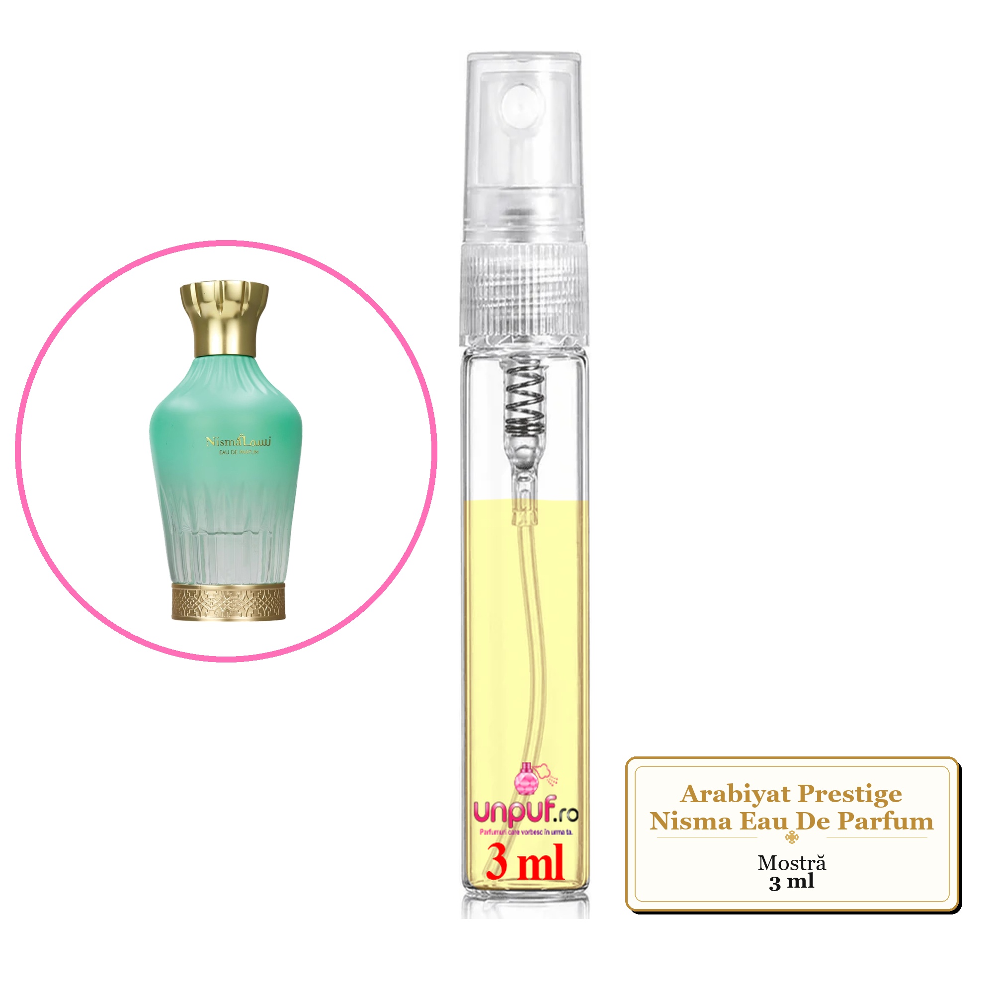 Mostra fiola din Parfumul Arabiyat Prestige Nisma Eau De Parfum, decant sticla cu pulverizator