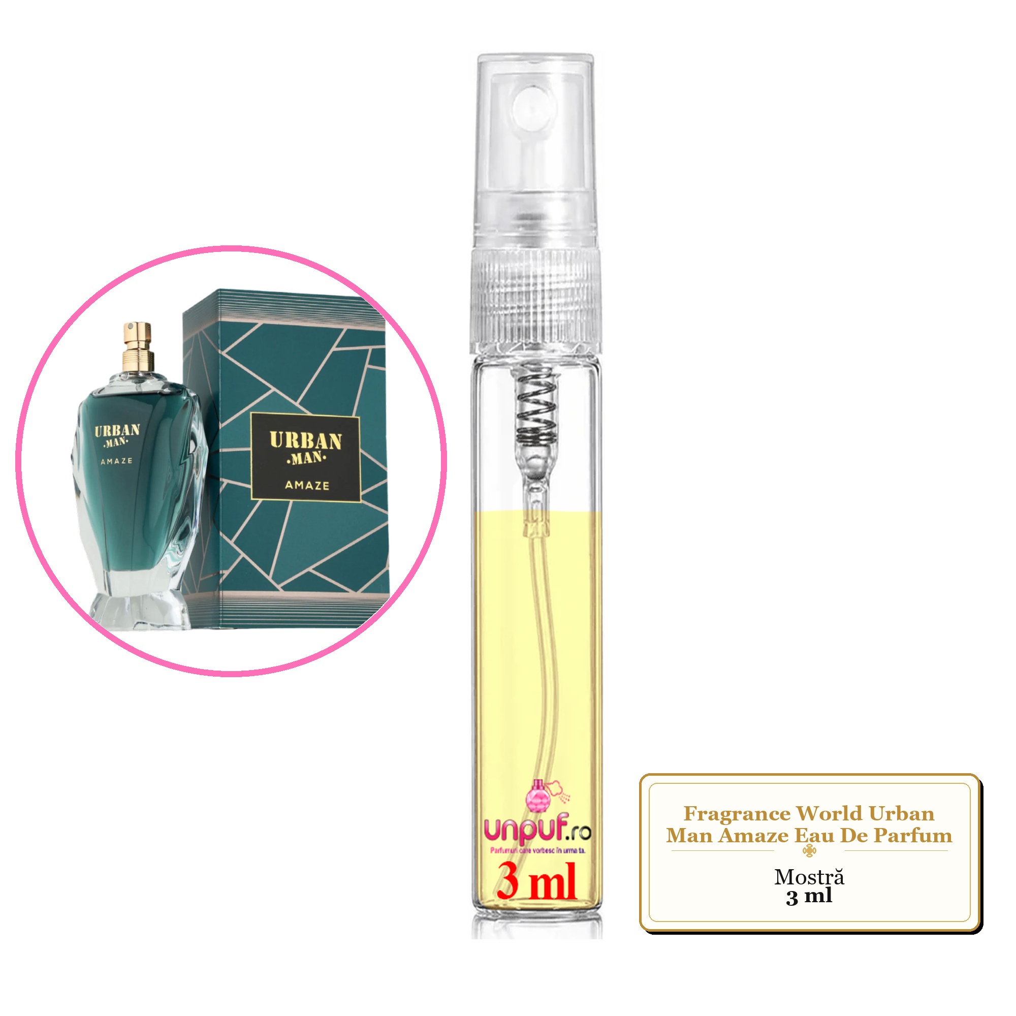 Mostra fiola din Parfumul Fragrance World Urban Man Amaze Eau De Parfum, decant sticla cu pulverizator