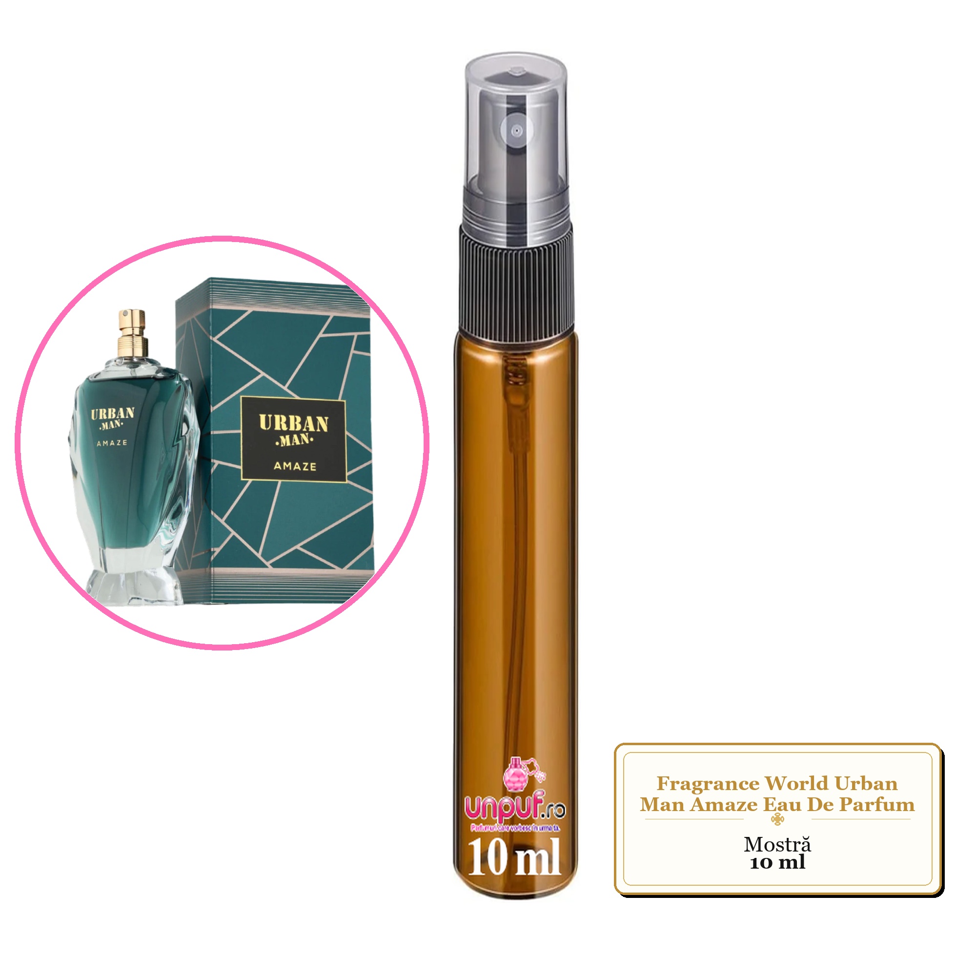 Mostra fiola din Parfumul Fragrance World Urban Man Amaze Eau De Parfum, decant sticla cu pulverizator