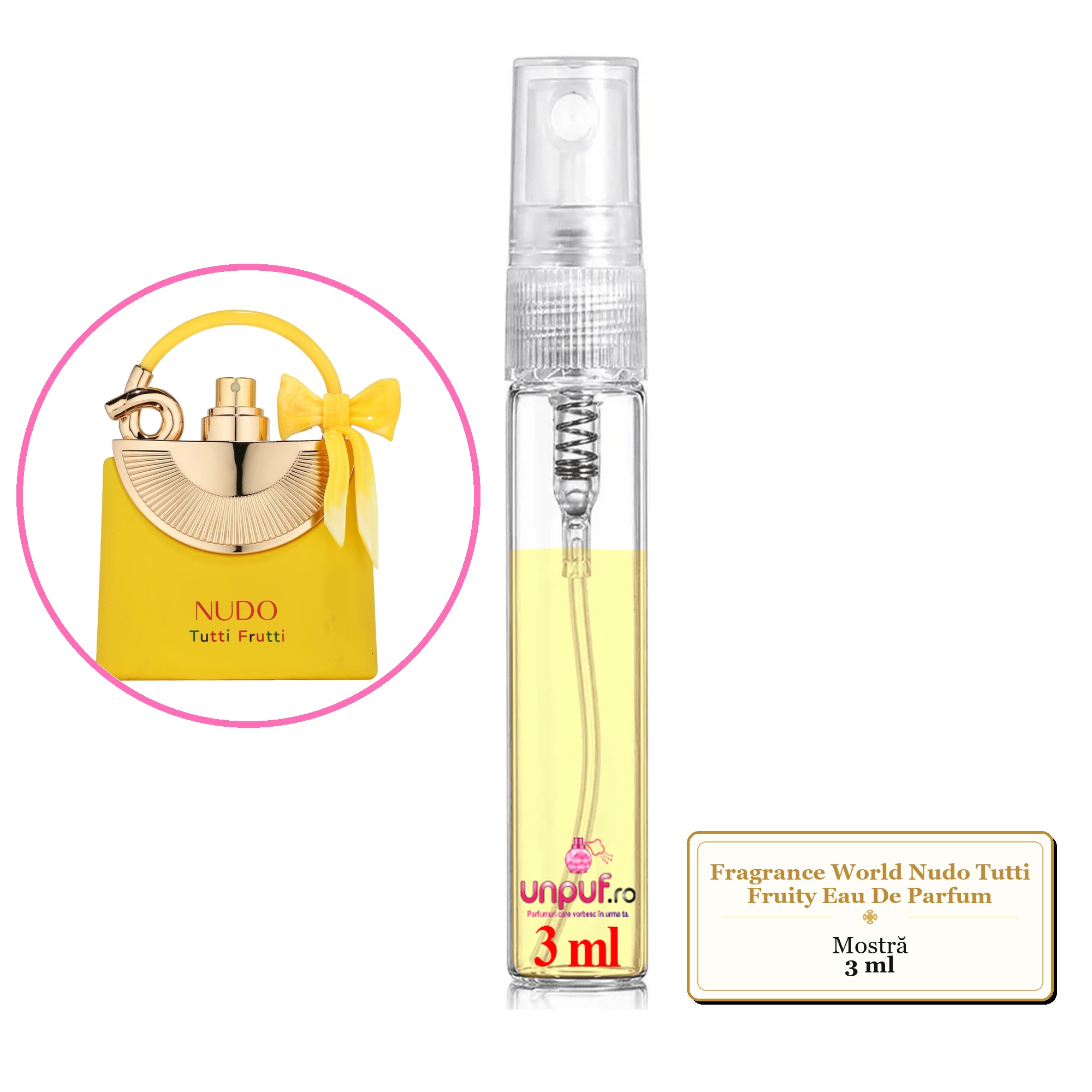 Mostra fiola din Parfumul Fragrance World Nudo Tutti Fruity Eau De Parfum, decant sticla cu pulverizator