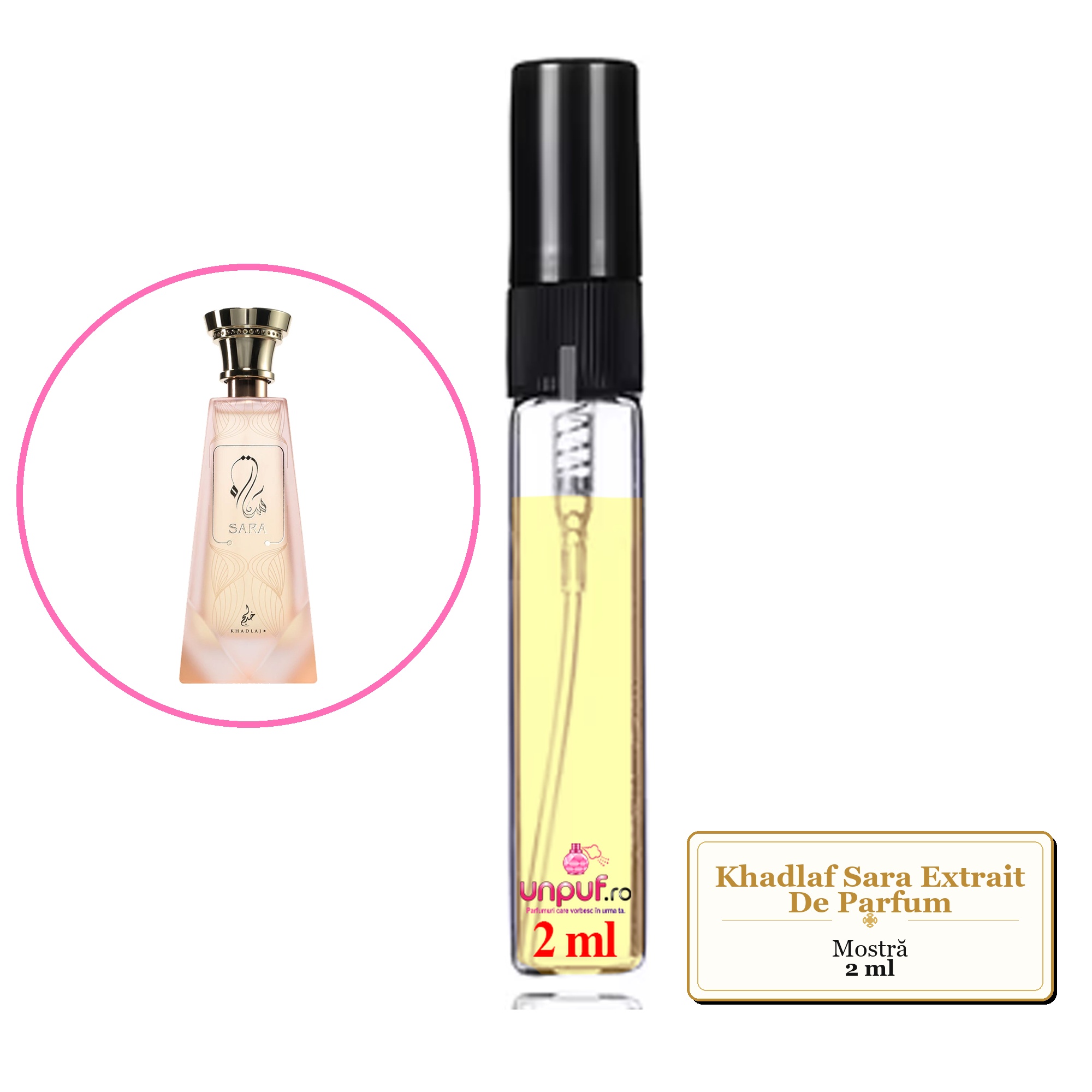 Mostra fiola din Parfumul Khadlaf Sara Extrait De Parfum, decant sticla cu pulverizator