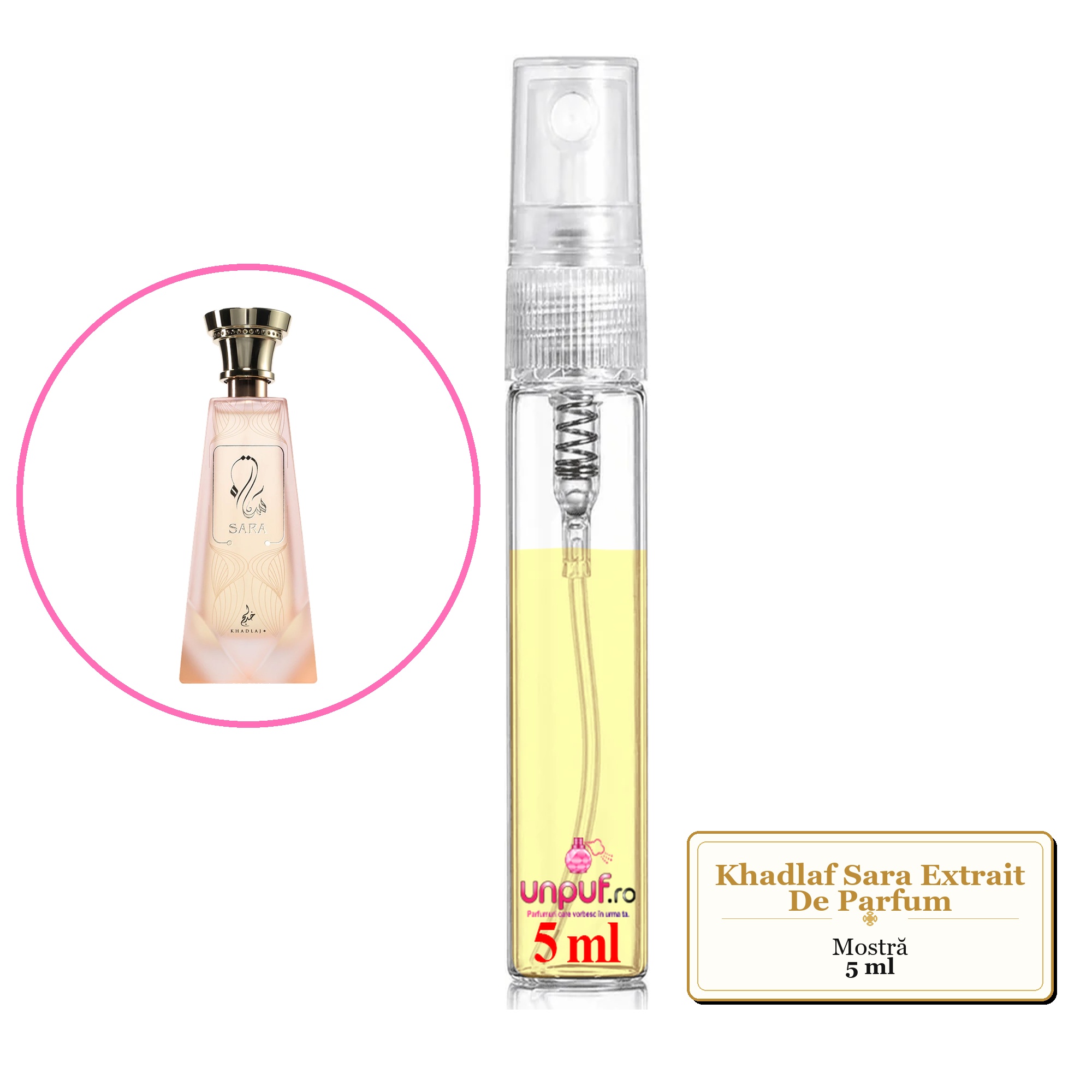 Mostra fiola din Parfumul Khadlaf Sara Extrait De Parfum, decant sticla cu pulverizator
