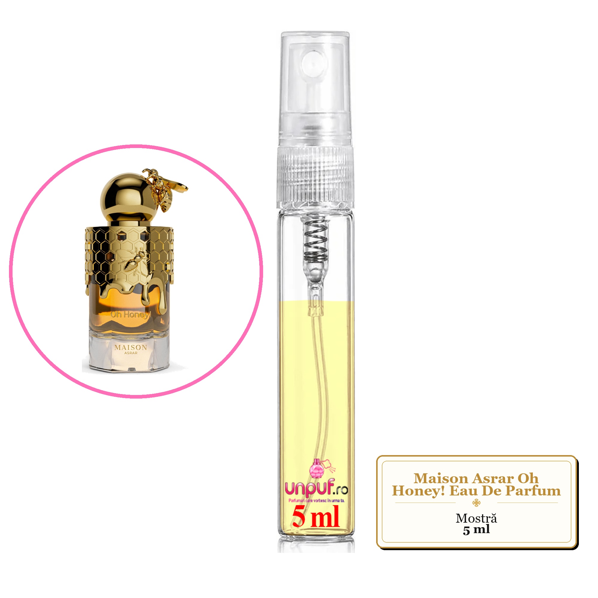 Mostra fiola din Parfumul Maison Asrar Oh Honey! Eau De Parfum, decant sticla cu pulverizator