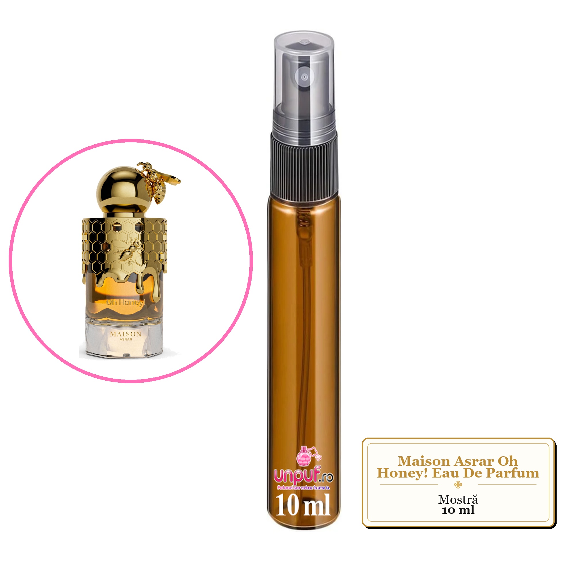Mostra fiola din Parfumul Maison Asrar Oh Honey! Eau De Parfum, decant sticla cu pulverizator