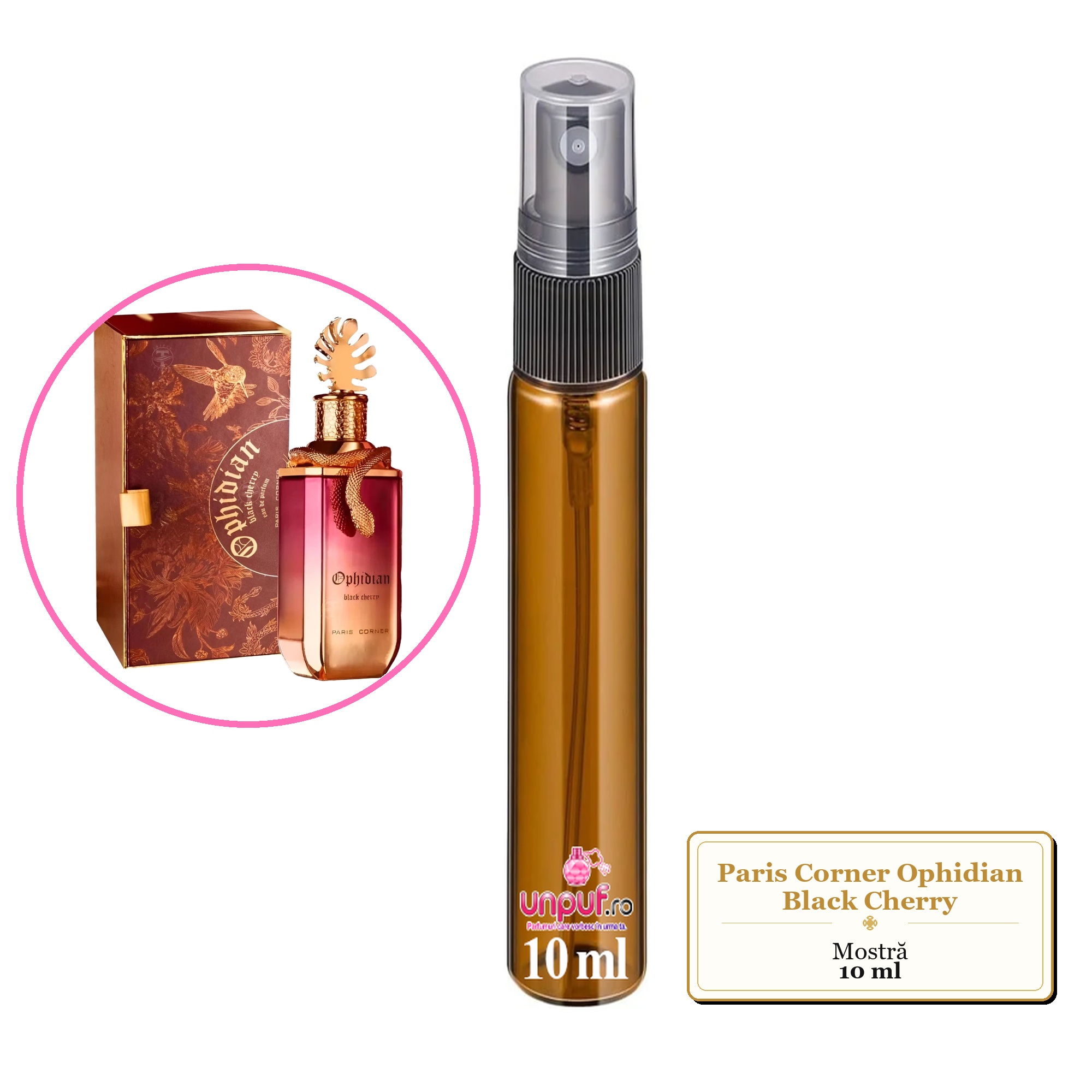 Mostra fiola din Parfumul Paris Corner Ophidian Black Cherry, decant sticla cu pulverizator