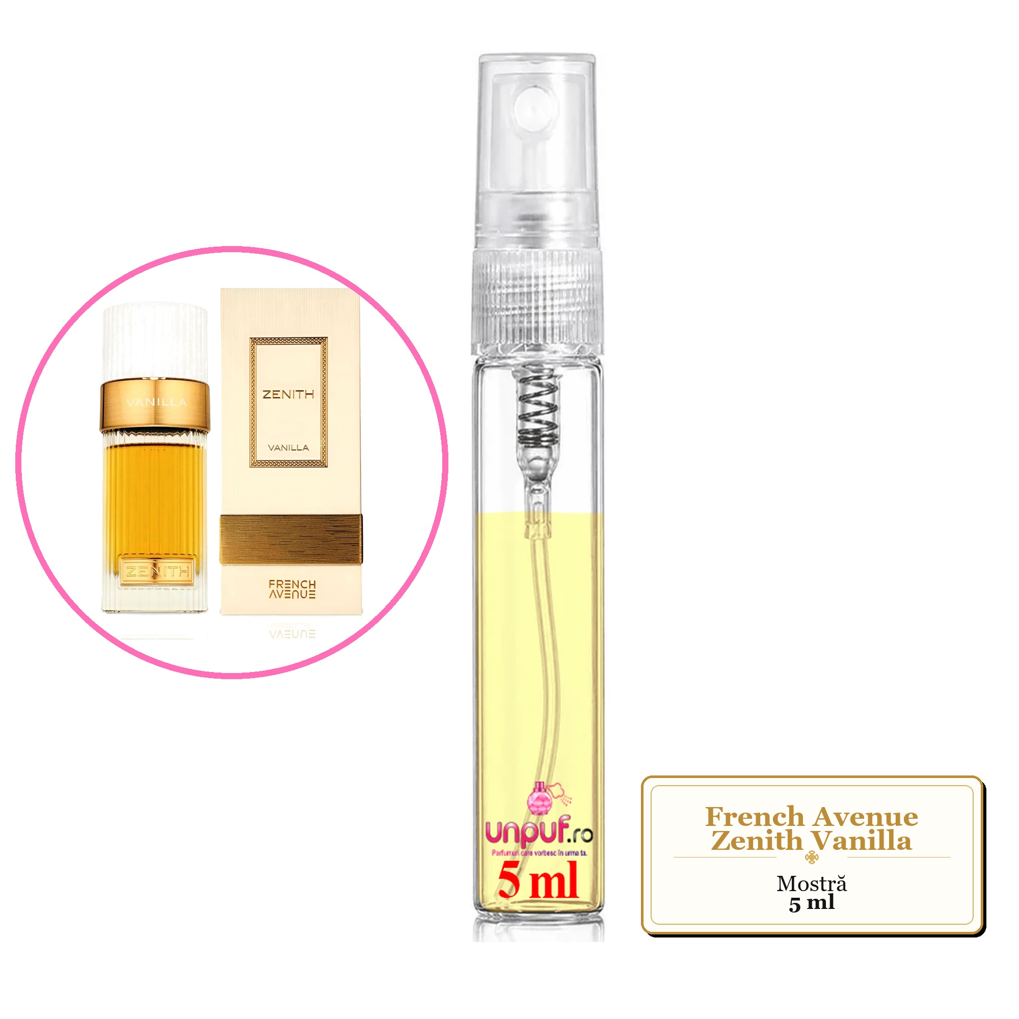Mostra fiola din Parfumul French Avenue Zenith Vanilla, decant sticla cu pulverizator