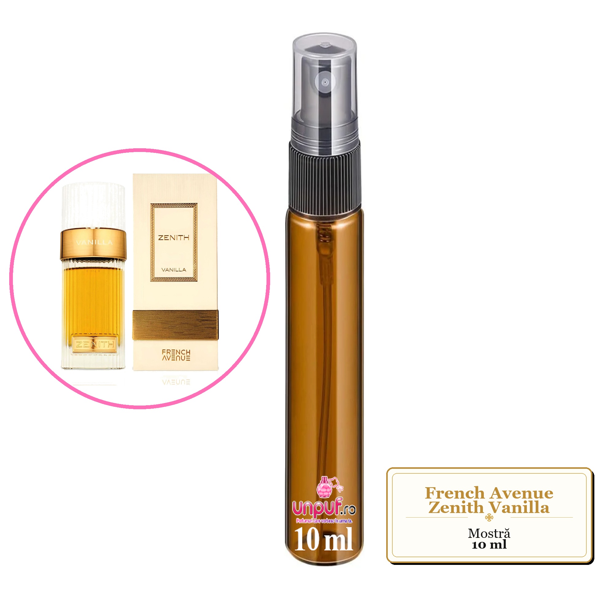 Mostra fiola din Parfumul French Avenue Zenith Vanilla, decant sticla cu pulverizator