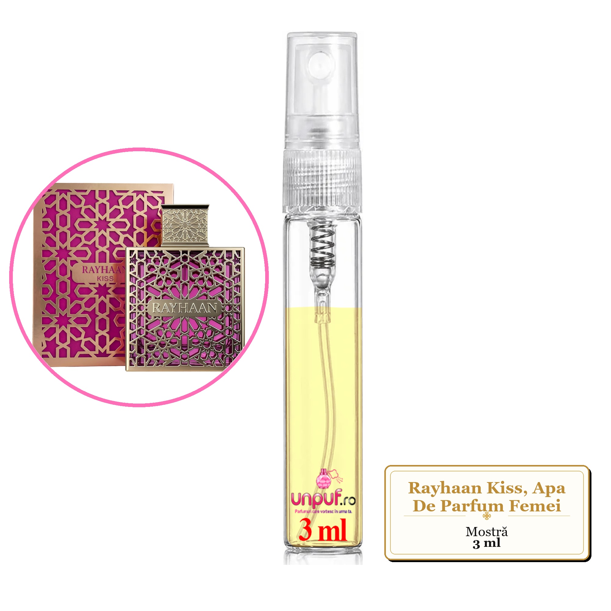 Mostra fiola din Parfumul Rayhaan Kiss, Apa De Parfum Femei, decant sticla cu pulverizator