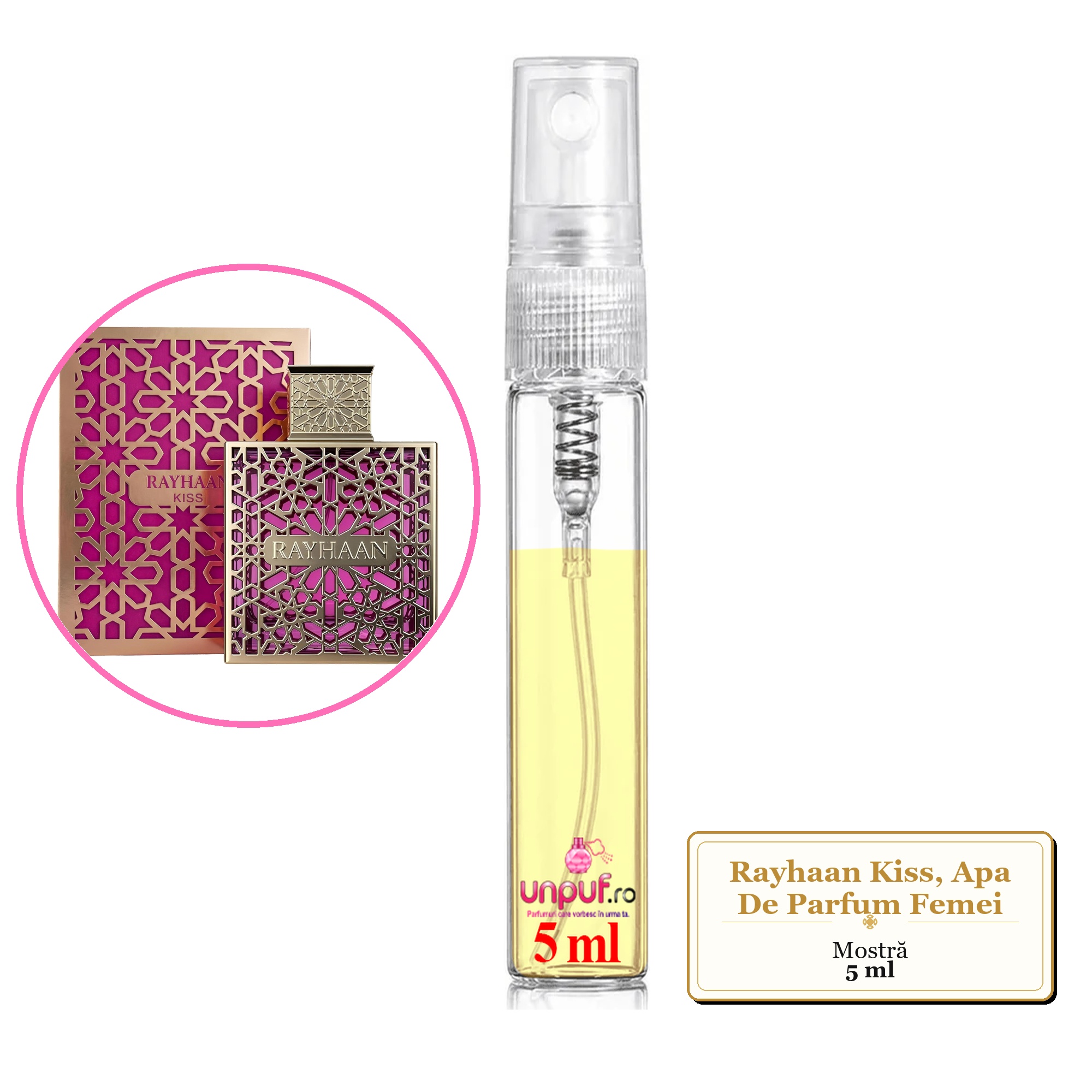 Mostra fiola din Parfumul Rayhaan Kiss, Apa De Parfum Femei, decant sticla cu pulverizator
