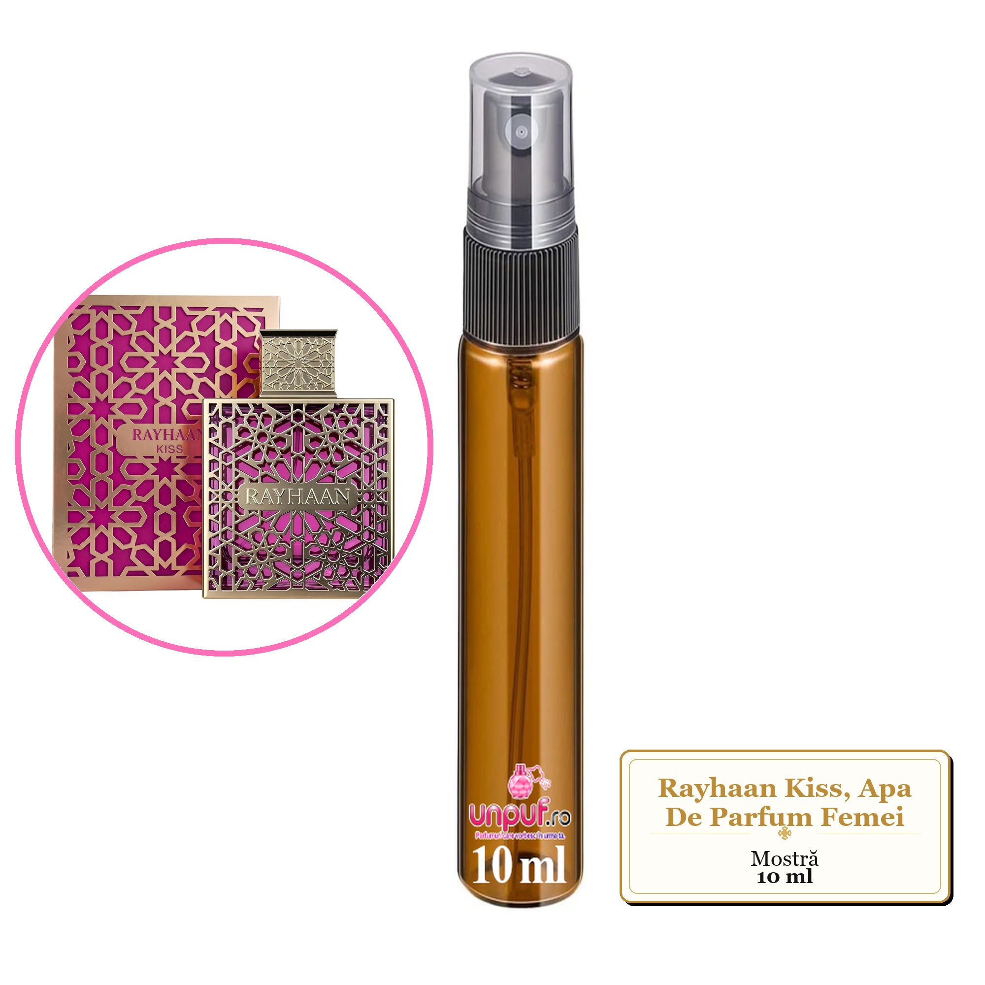Mostra fiola din Parfumul Rayhaan Kiss, Apa De Parfum Femei, decant sticla cu pulverizator