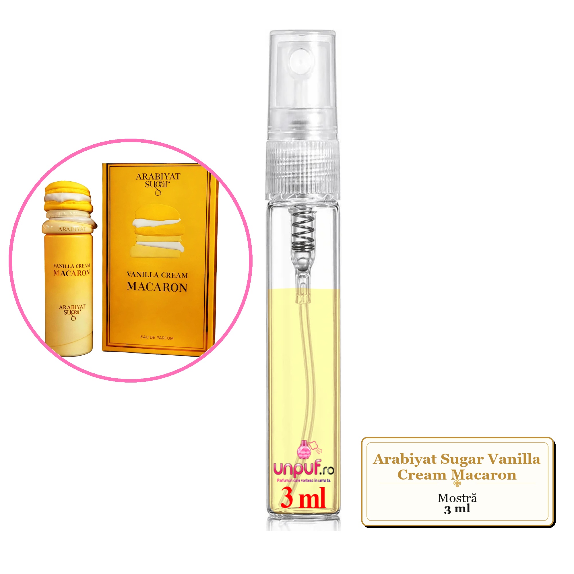 Mostra fiola din Parfumul Arabiyat Sugar Vanilla Cream Macaron, decant sticla cu pulverizator
