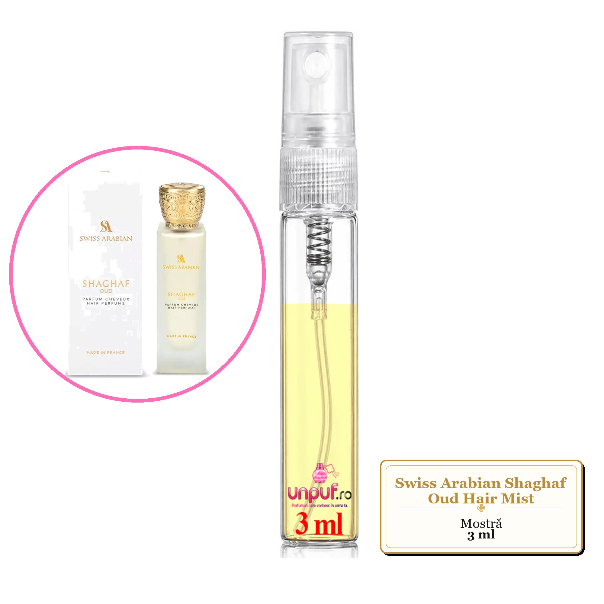Mostra Fiola Din Parfumul Swiss Arabian Shaghaf Oud , Hair Mist, Decant Sticla Cu Pulverizator