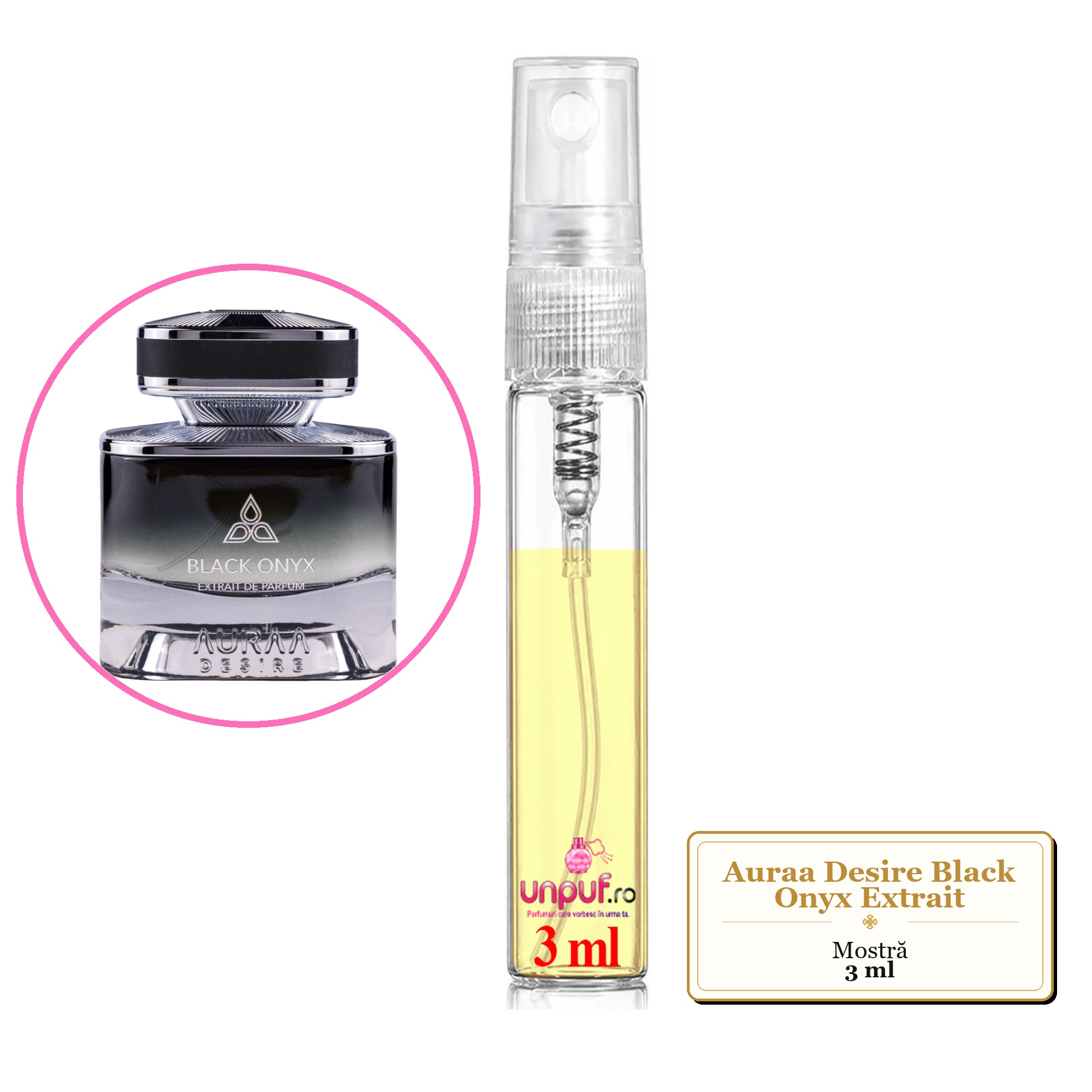 Mostra Fiola Din Parfumul Auraa Desire Black Onyx Extrait De Parfum , Decant Sticla Cu Pulverizator