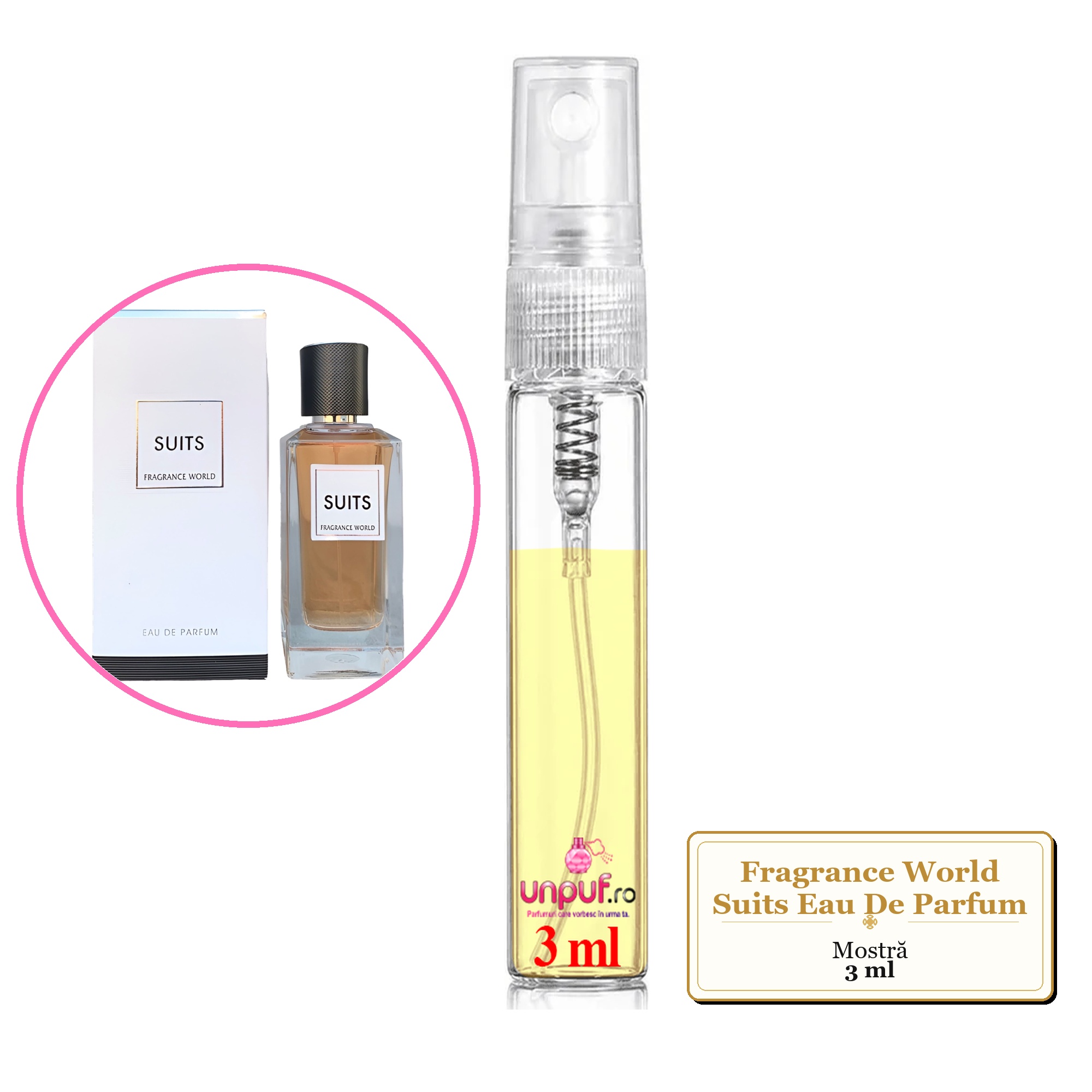 Mostra fiola din Parfumul Fragrance World Suits Eau De Parfum, decant sticla cu pulverizator