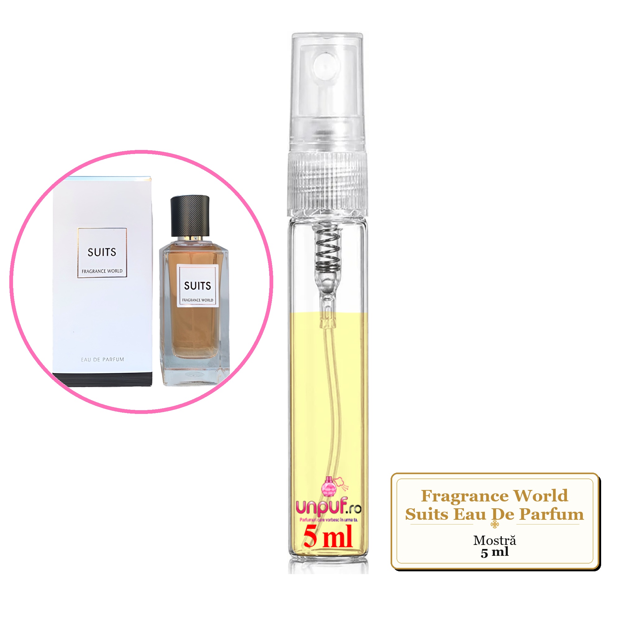 Mostra fiola din Parfumul Fragrance World Suits Eau De Parfum, decant sticla cu pulverizator