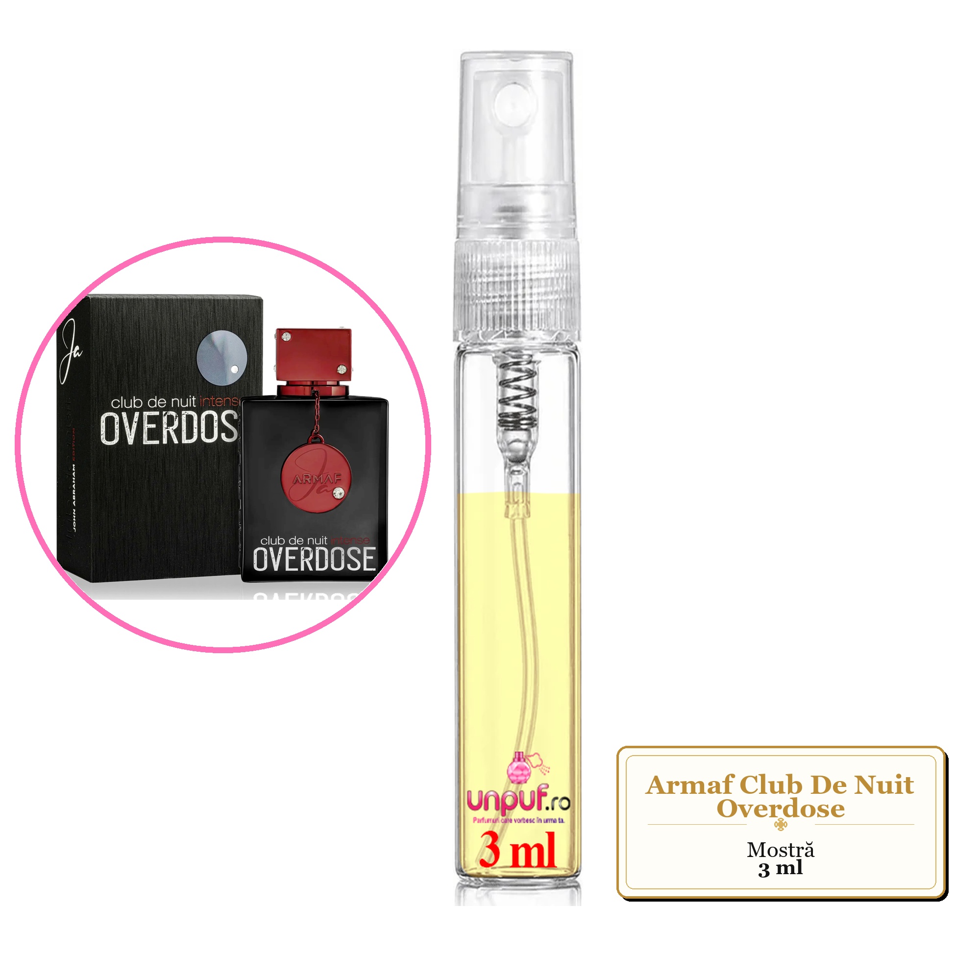 Mostra fiola din Parfumul Armaf Club De Nuit Overdose, decant sticla cu pulverizator