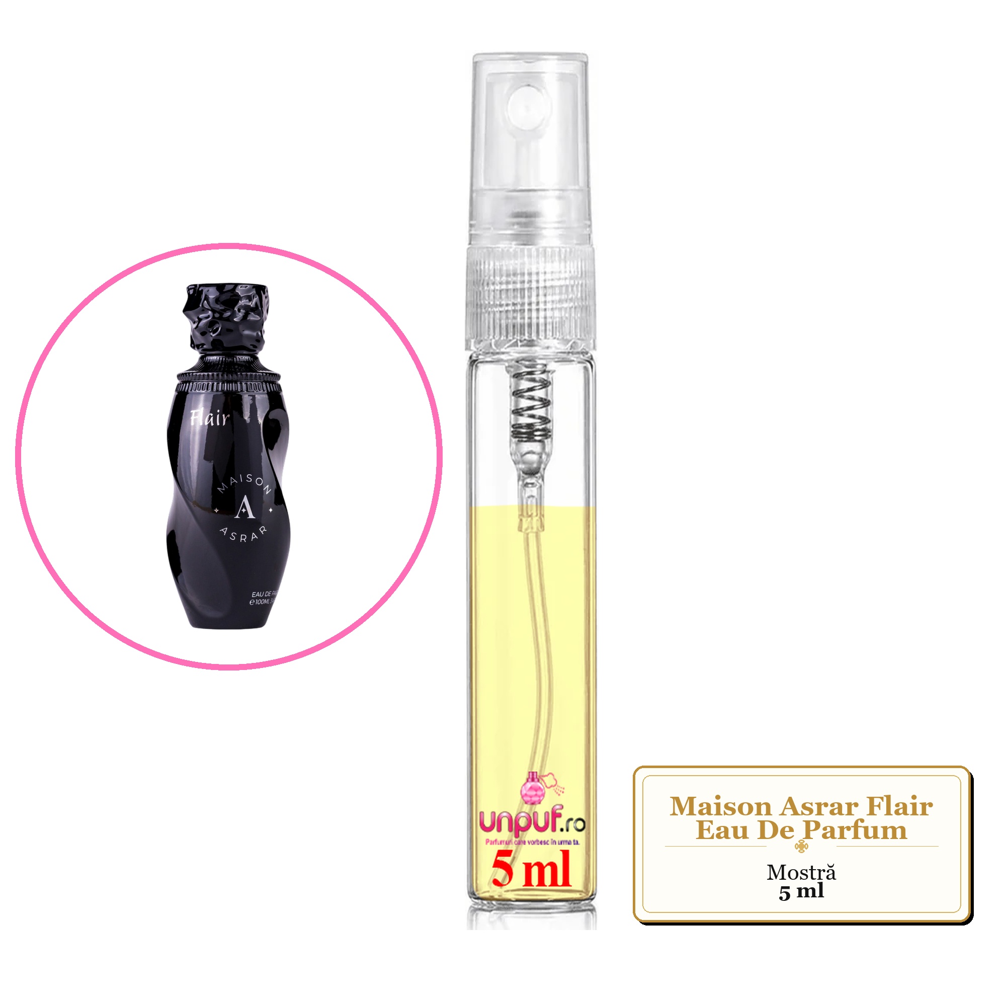 Mostra fiola din Parfumul Maison Asrar Flair Eau De Parfum, decant sticla cu pulverizator