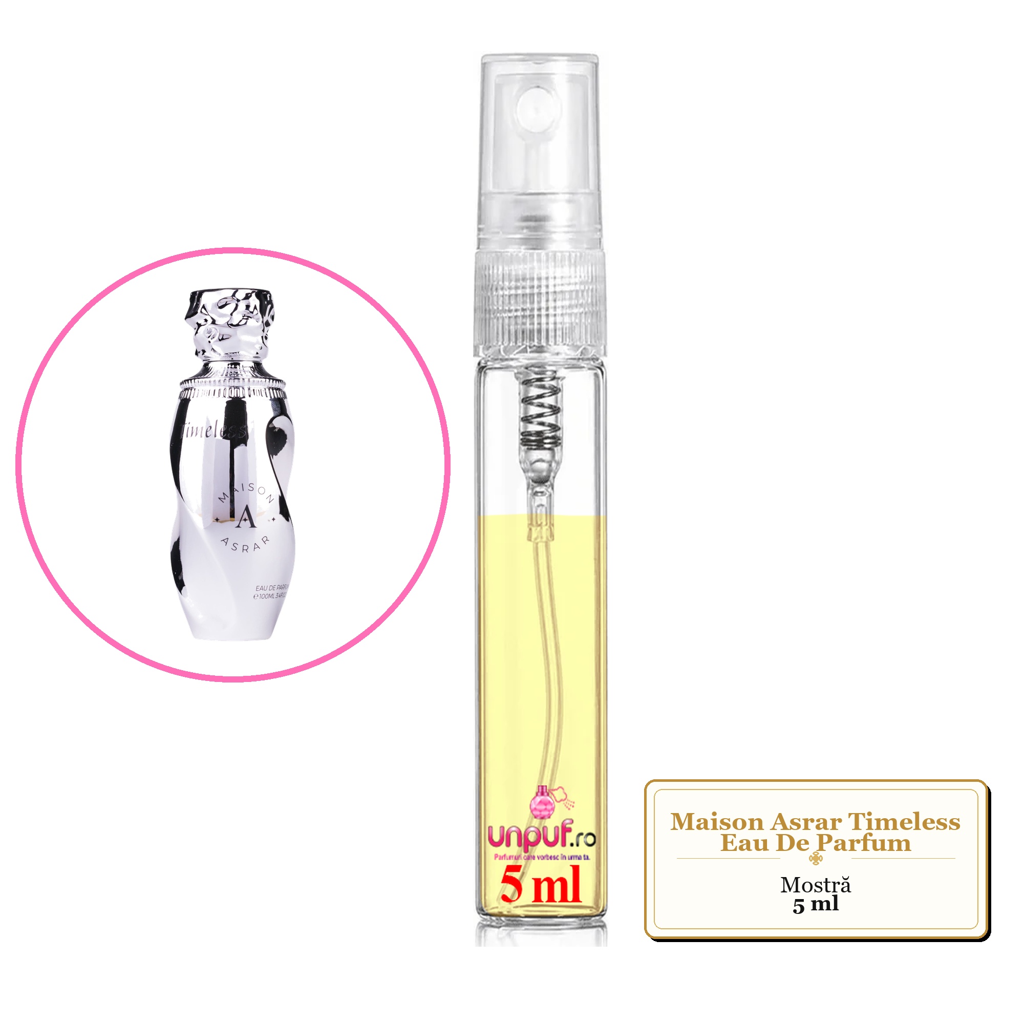 Mostra fiola din Parfumul Maison Asrar Timeless Eau De Parfum, decant sticla cu pulverizator