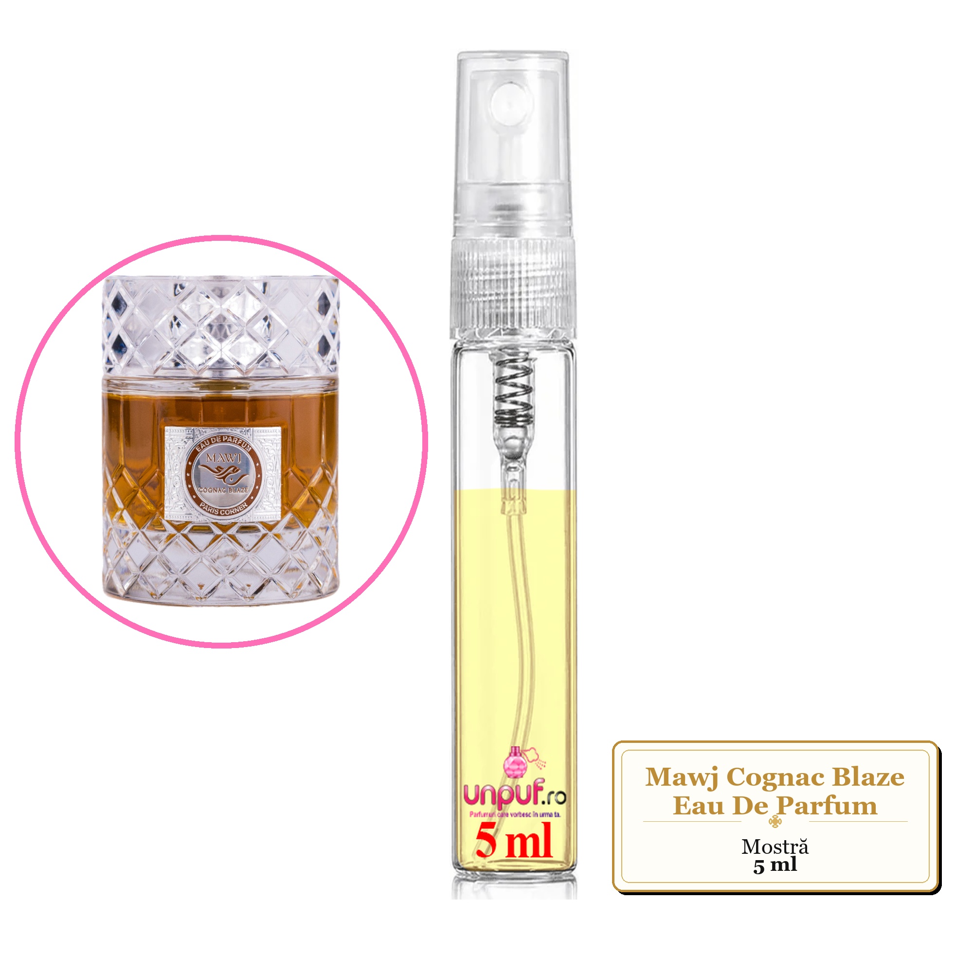 Mostra fiola din Parfumul Mawj Cognac Blaze Eau De Parfum, decant sticla cu pulverizator