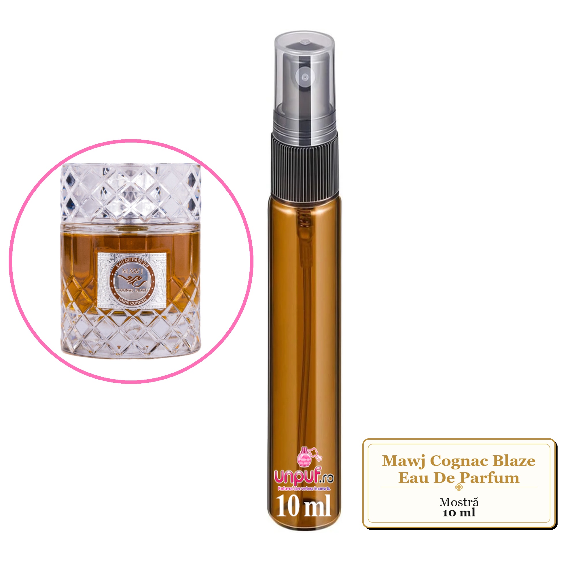 Mostra fiola din Parfumul Mawj Cognac Blaze Eau De Parfum, decant sticla cu pulverizator
