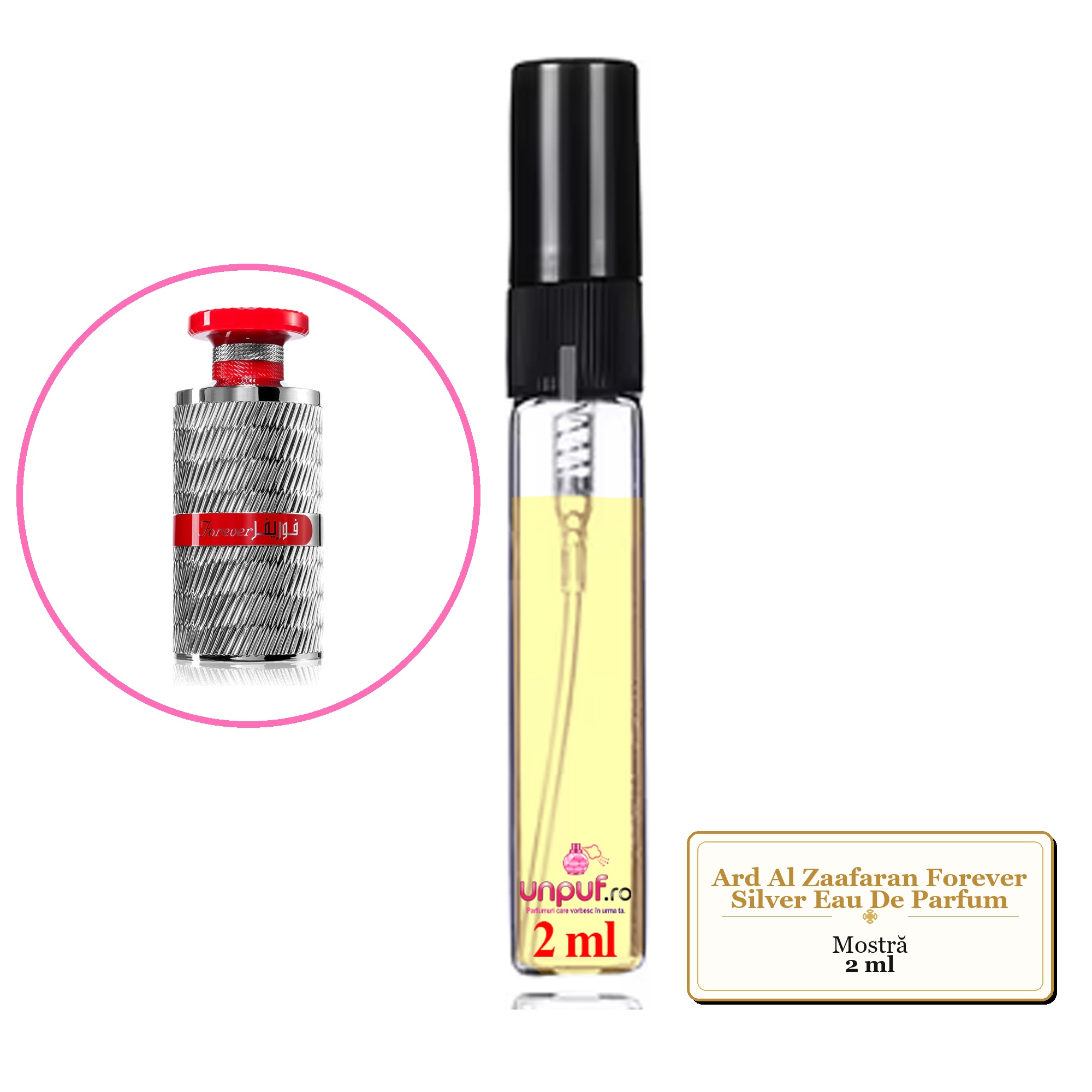 Mostra fiola din Parfumul Ard Al Zaafaran Forever Silver Eau De Parfum, decant sticla cu pulverizator