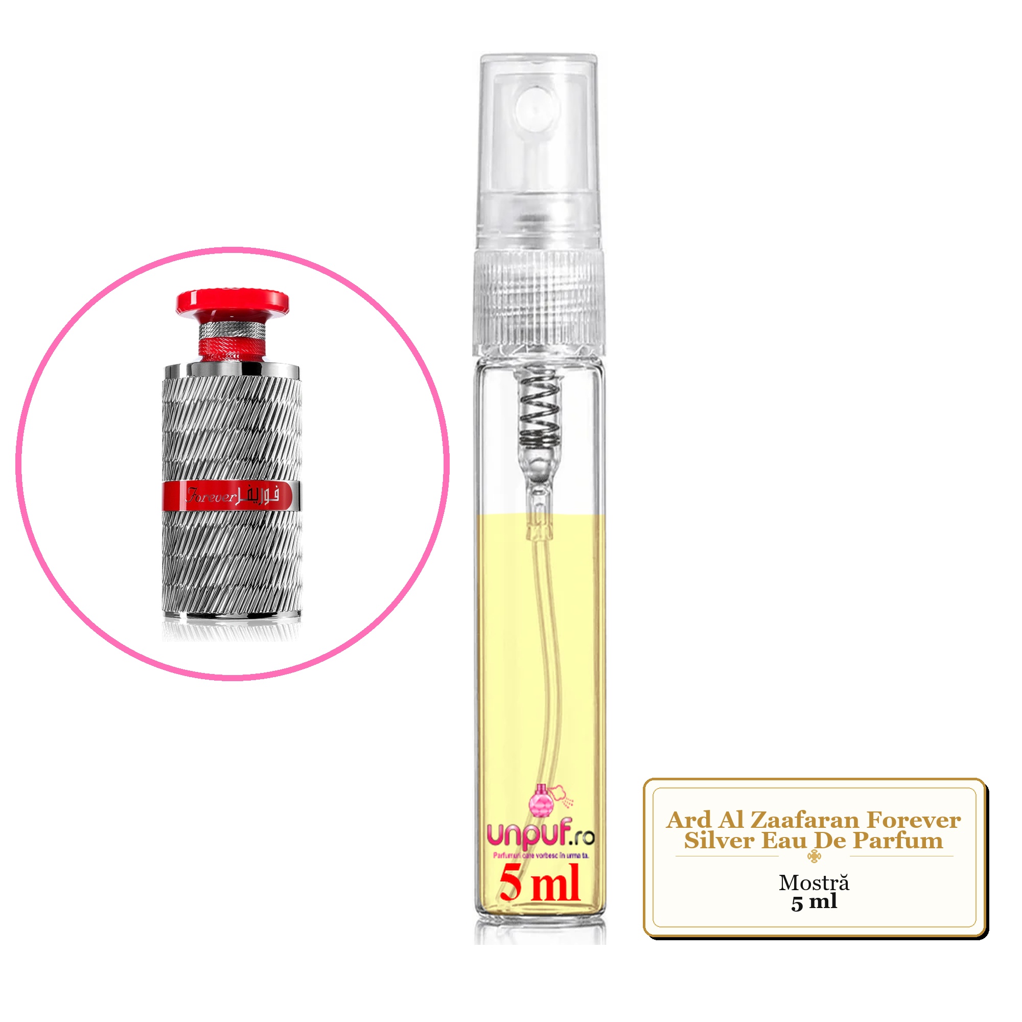 Mostra fiola din Parfumul Ard Al Zaafaran Forever Silver Eau De Parfum, decant sticla cu pulverizator