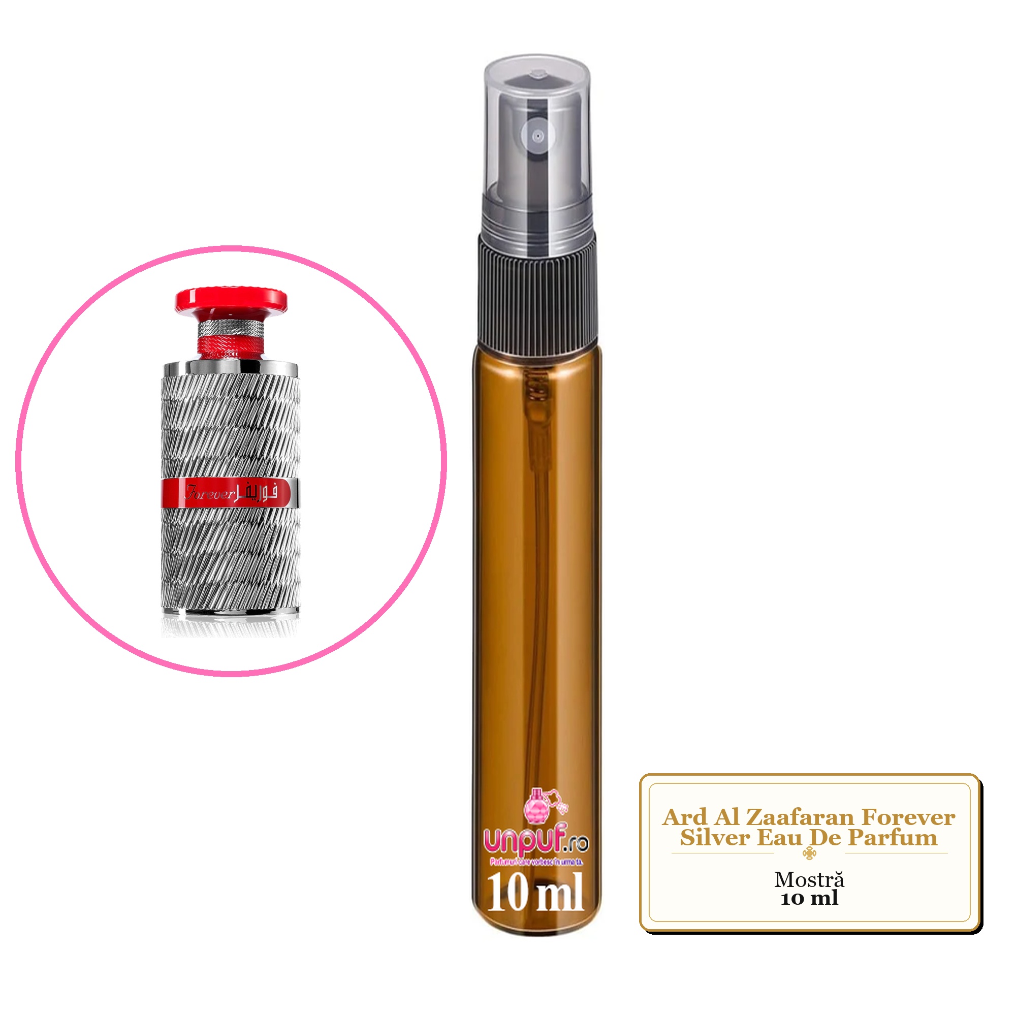 Mostra fiola din Parfumul Ard Al Zaafaran Forever Silver Eau De Parfum, decant sticla cu pulverizator