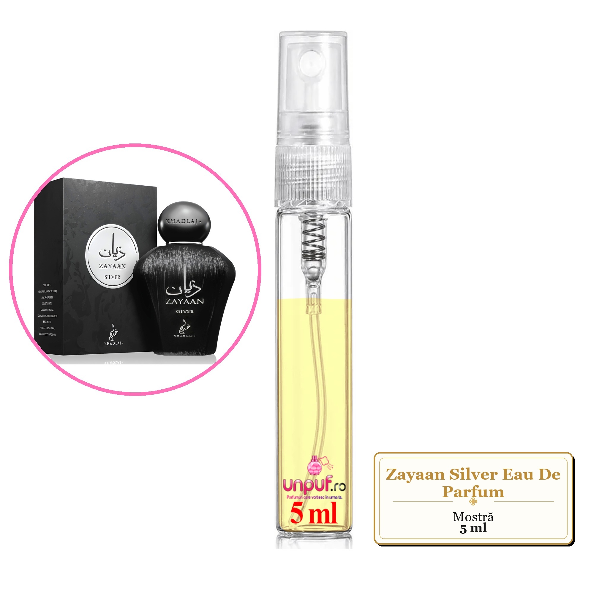 Mostra fiola din Parfumul Zayaan Silver Eau De Parfum, decant sticla cu pulverizator
