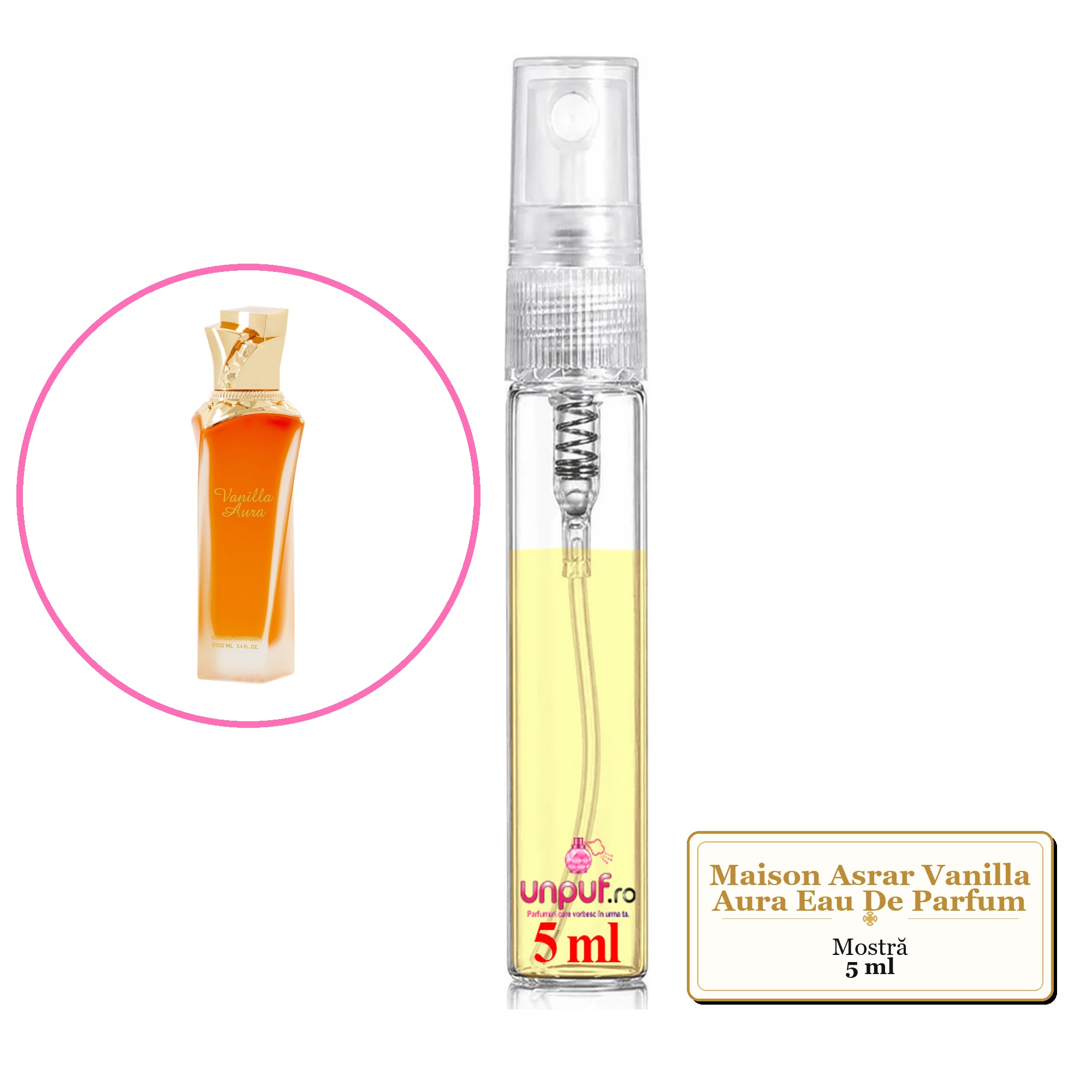 Mostra fiola din Parfumul Maison Asrar Vanilla Aura Eau De Parfum, decant sticla cu pulverizator