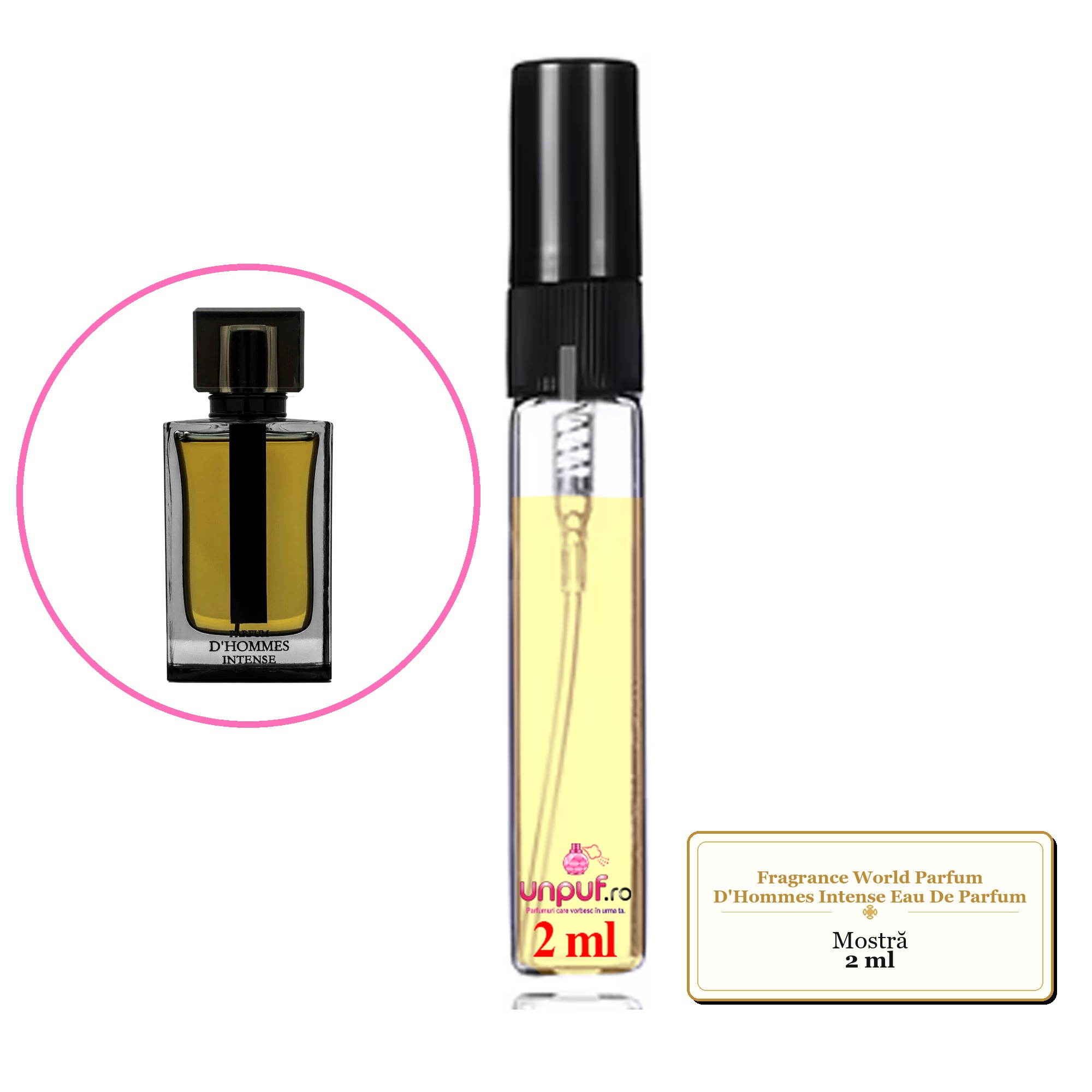 Mostra fiola din Parfumul Fragrance World Parfum D'Hommes Intense Eau De Parfum, decant sticla cu pulverizator