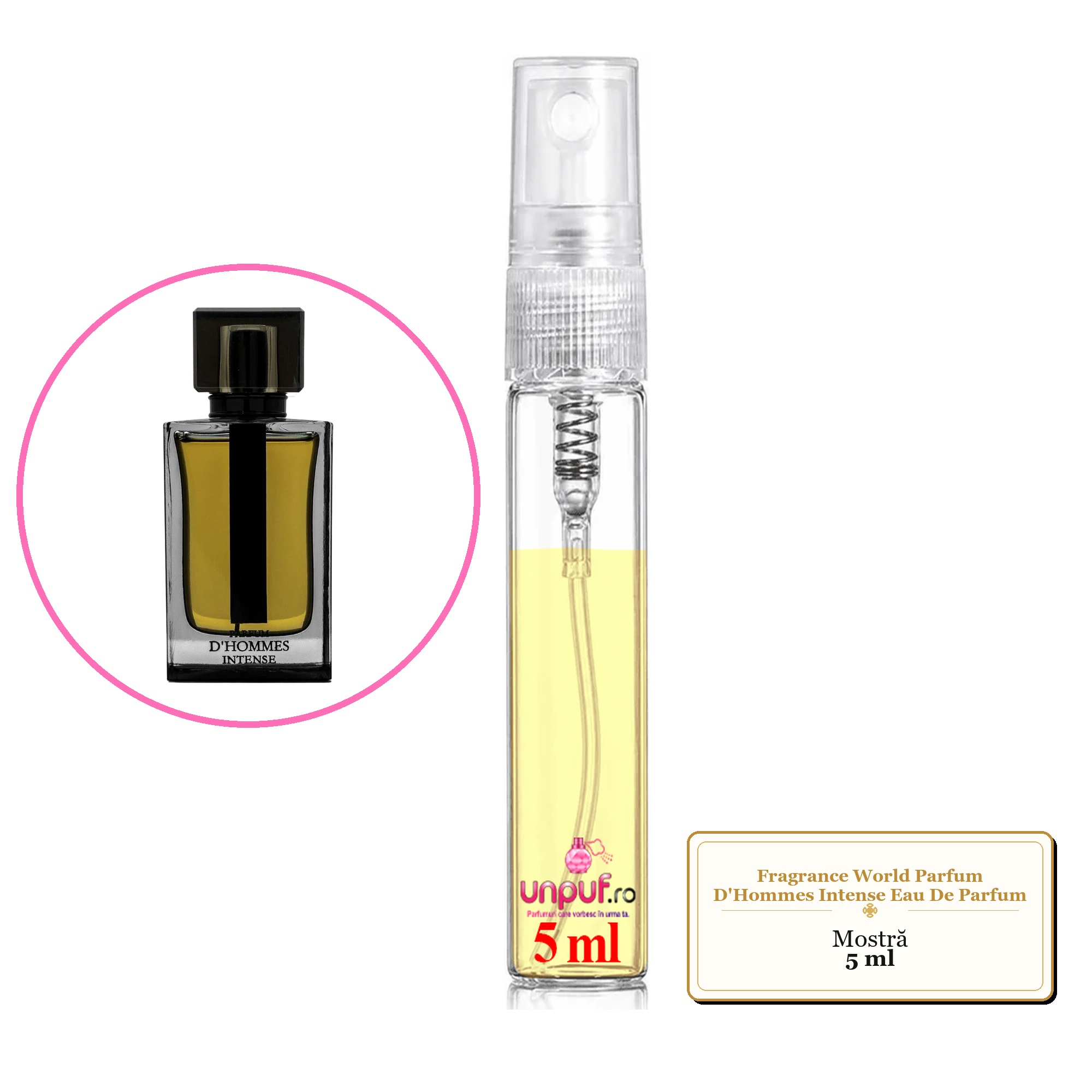 Mostra fiola din Parfumul Fragrance World Parfum D'Hommes Intense Eau De Parfum, decant sticla cu pulverizator
