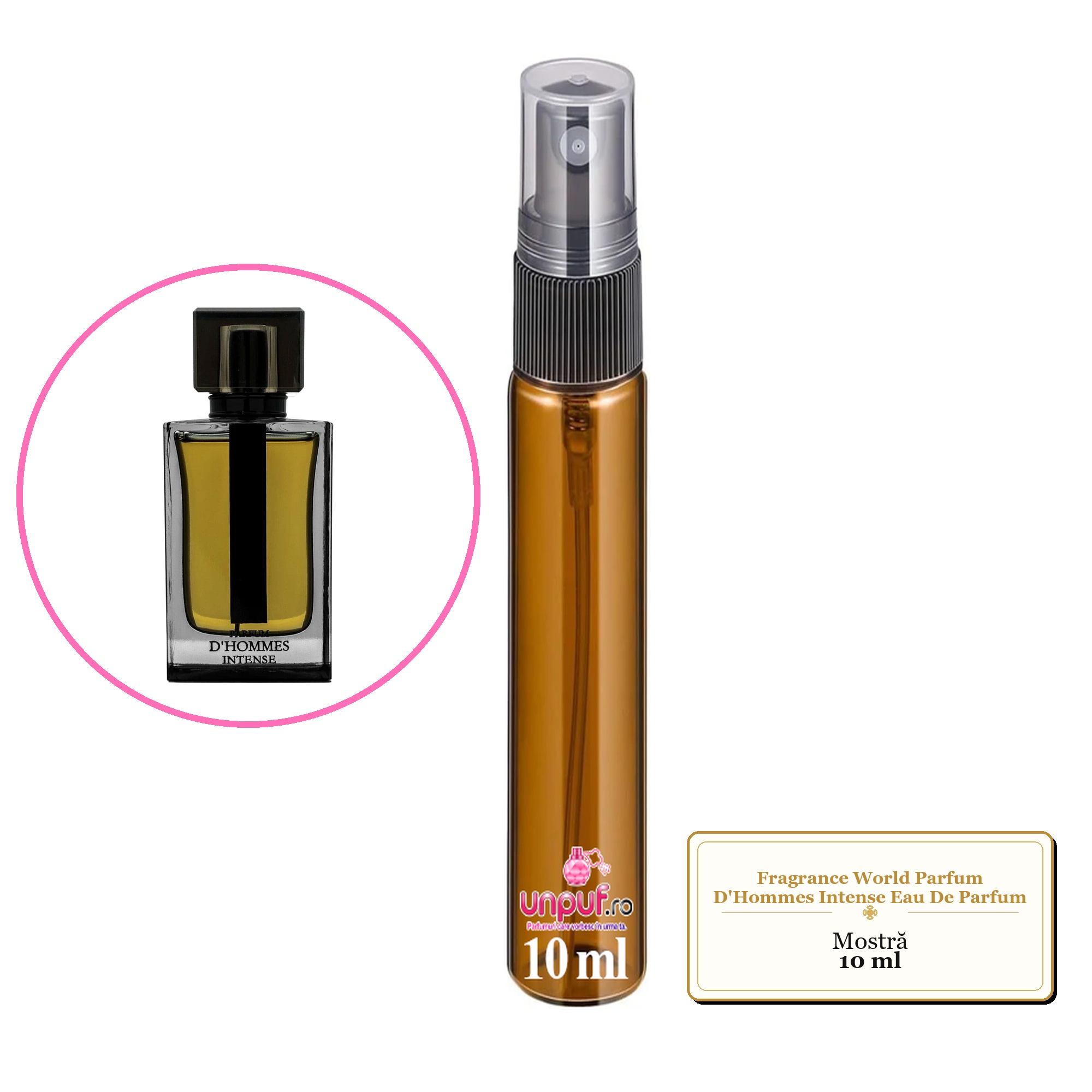 Mostra fiola din Parfumul Fragrance World Parfum D'Hommes Intense Eau De Parfum, decant sticla cu pulverizator