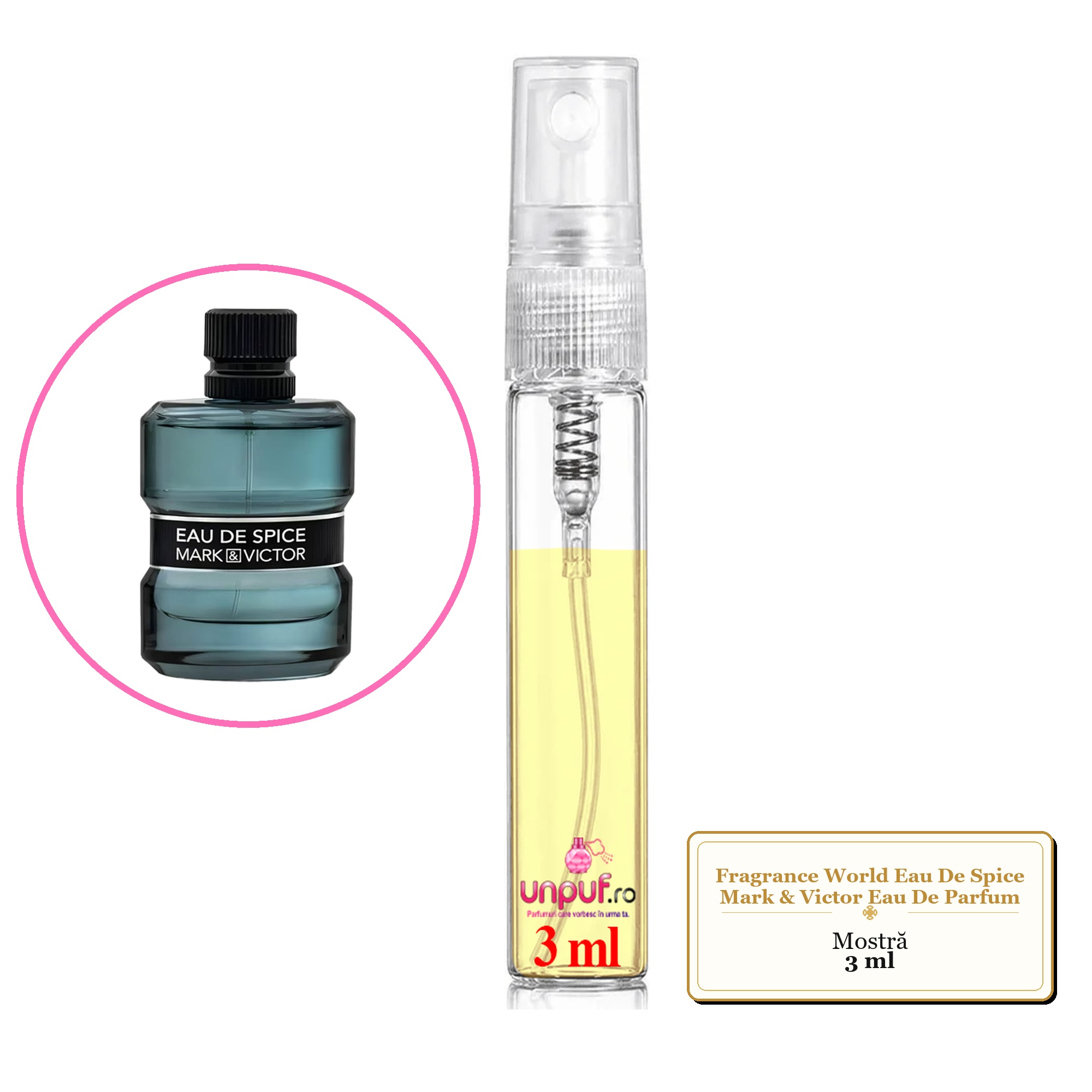 Mostra fiola din Parfumul Fragrance World Eau De Spice Mark & Victor Eau De Parfum, decant sticla cu pulverizator