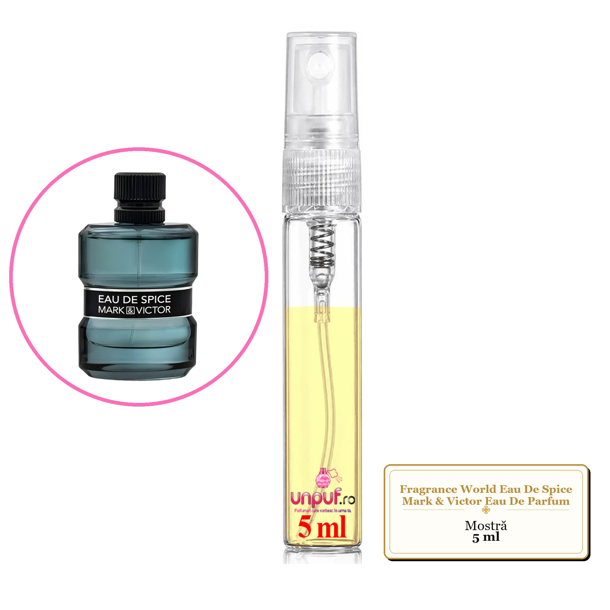 Mostra fiola din Parfumul Fragrance World Eau De Spice Mark & Victor Eau De Parfum, decant sticla cu pulverizator