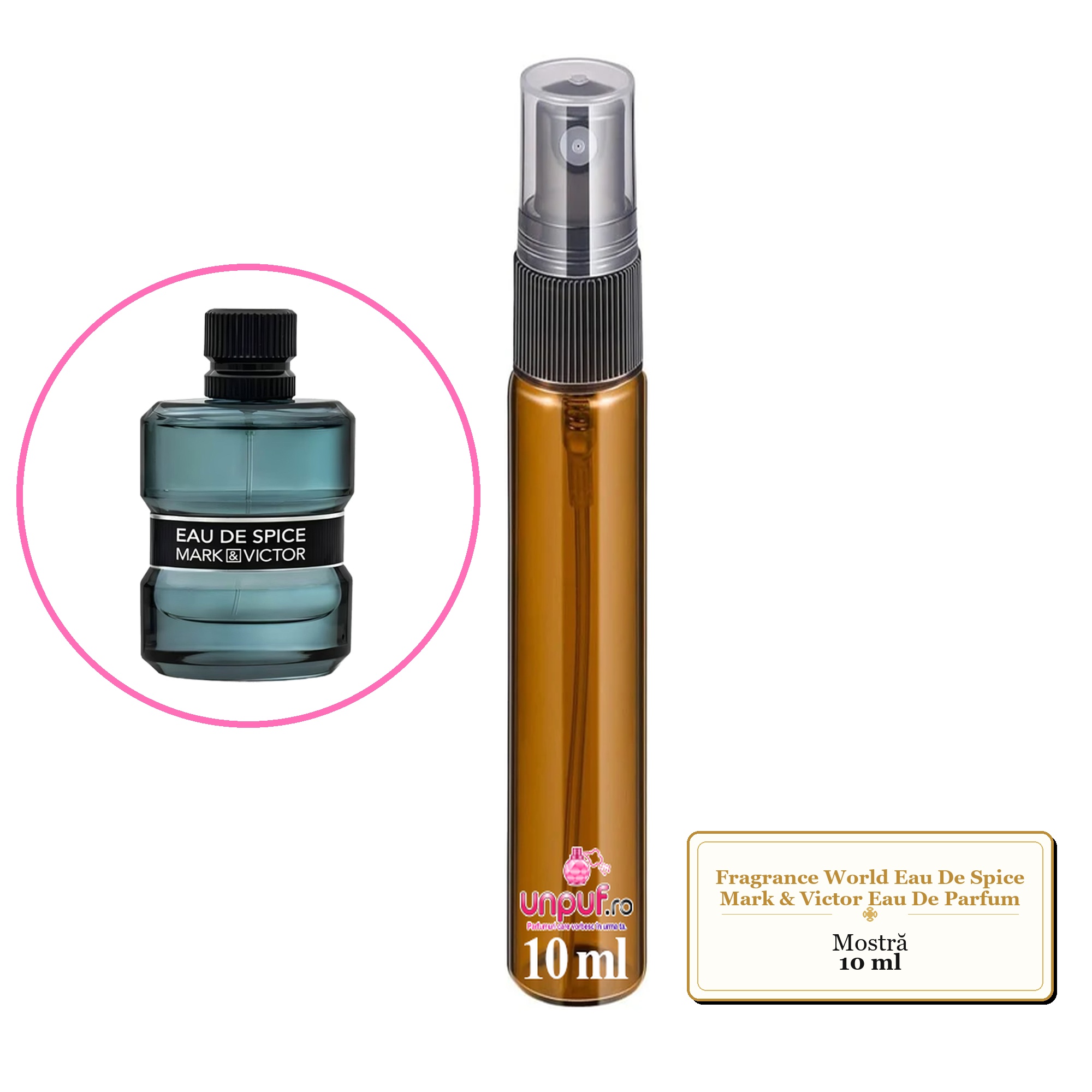 Mostra fiola din Parfumul Fragrance World Eau De Spice Mark & Victor Eau De Parfum, decant sticla cu pulverizator