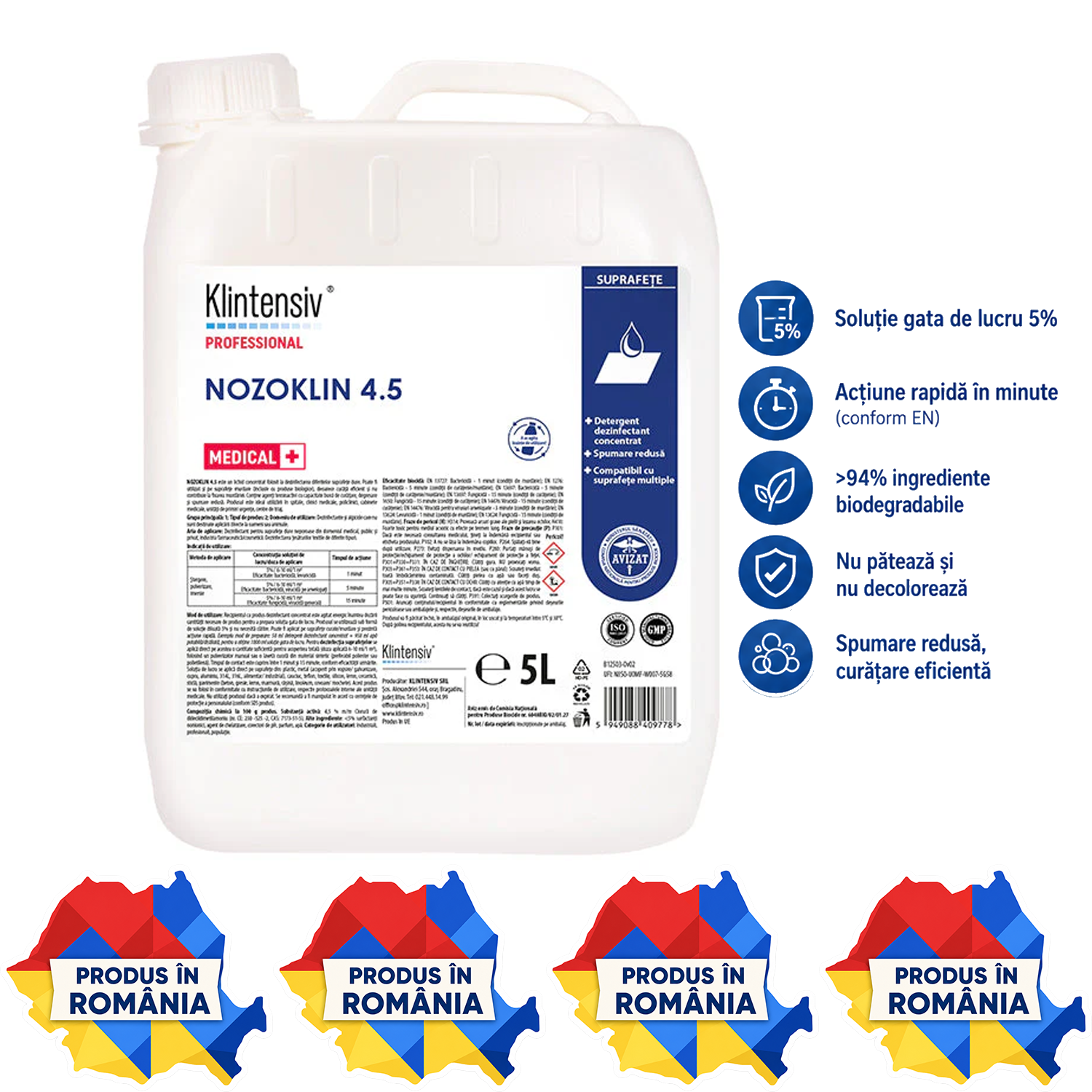 Nozoklin 4.5 detergent dezinfectant suprafețe variante 1 L și 5 L