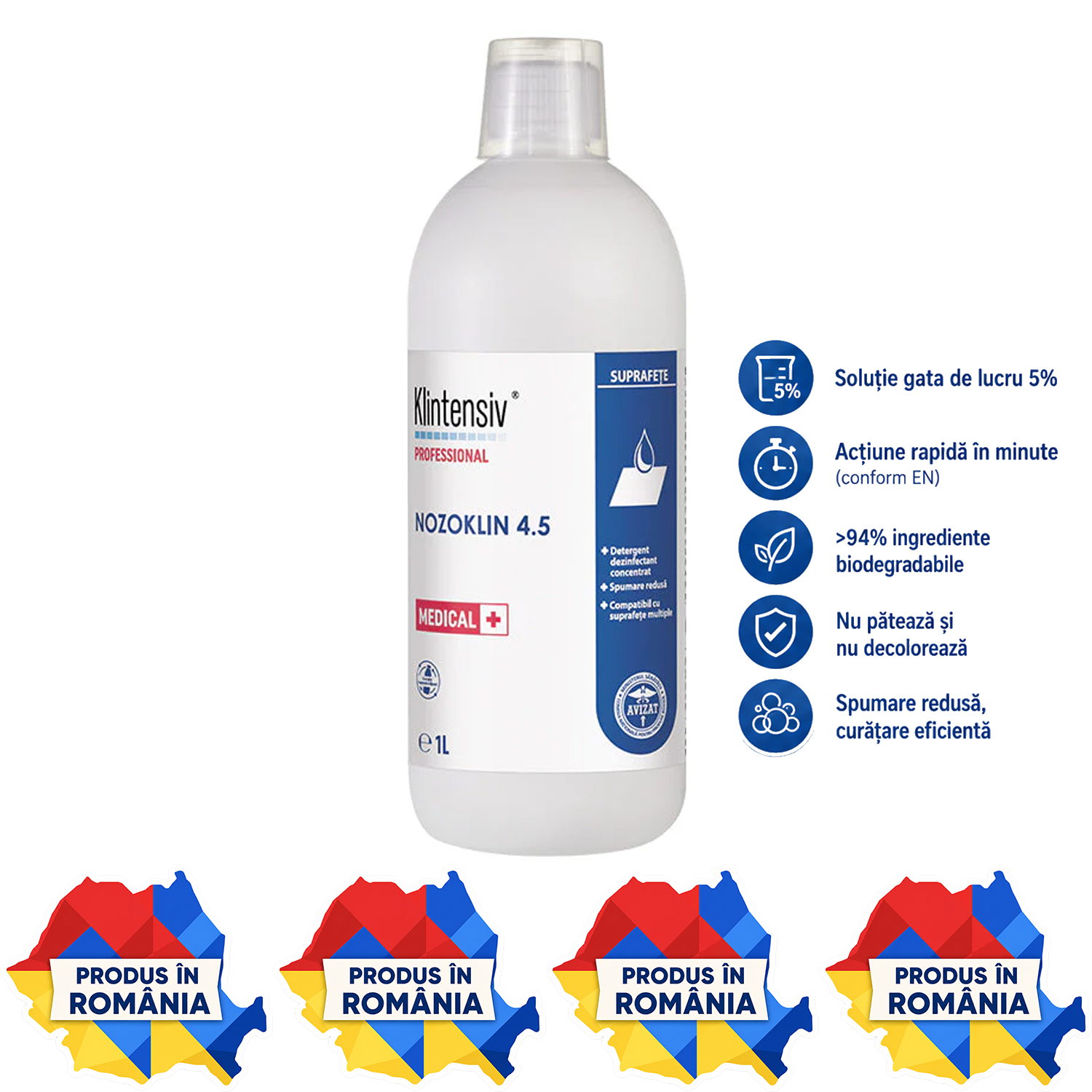 Nozoklin 4.5 detergent dezinfectant suprafețe variante 1 L și 5 L