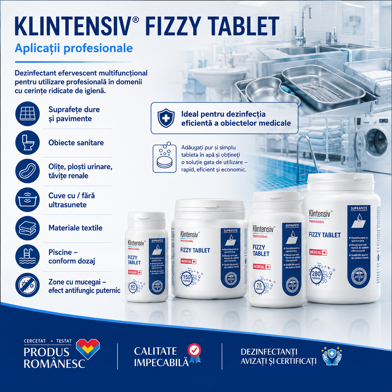 Instrucțiuni utilizare Klintensiv Fizzy Tablet 2 tablete la 1,5 L apă soluție 0,2%