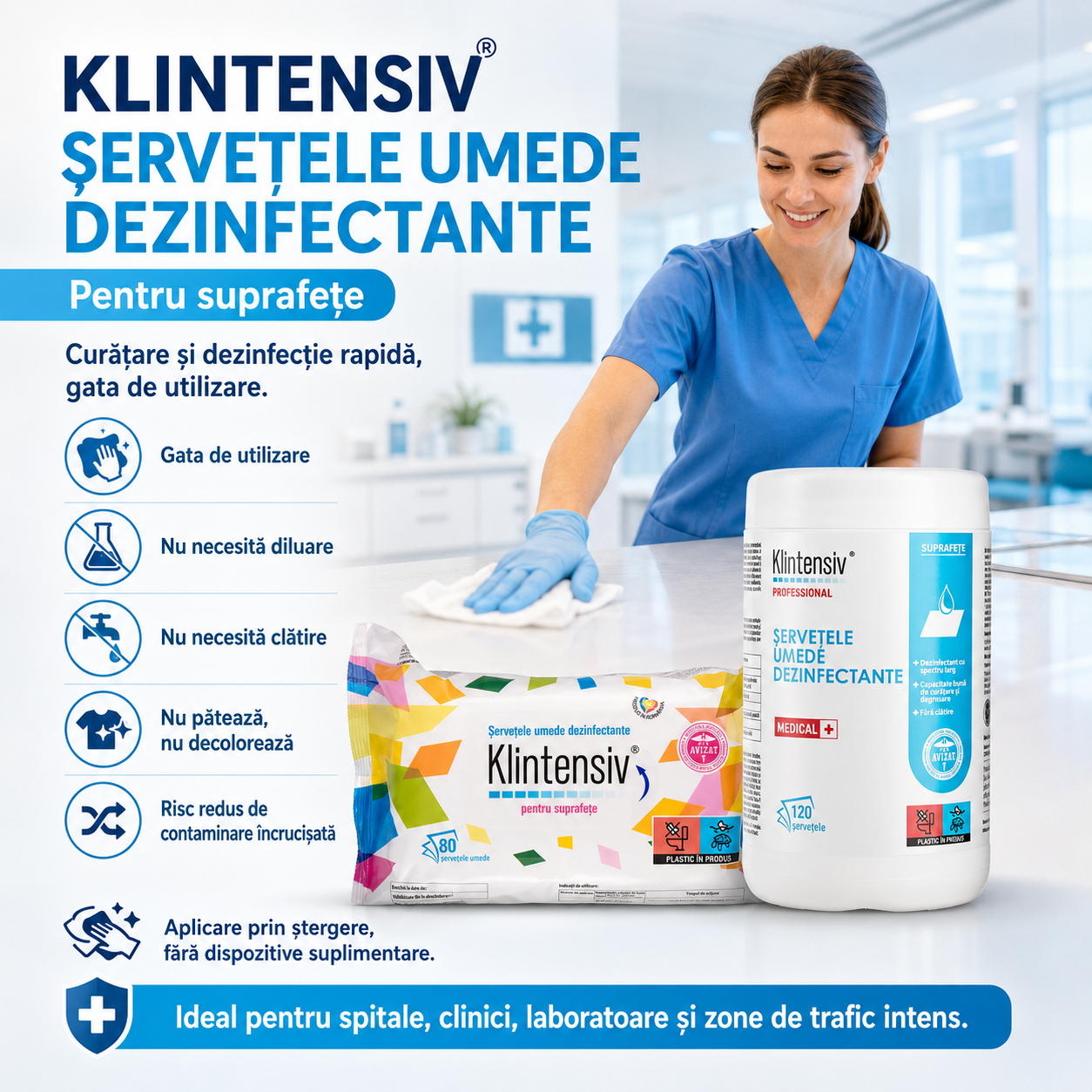 Beneficii șervețele dezinfectante Klintensiv fără clătire fără diluare nu pătează