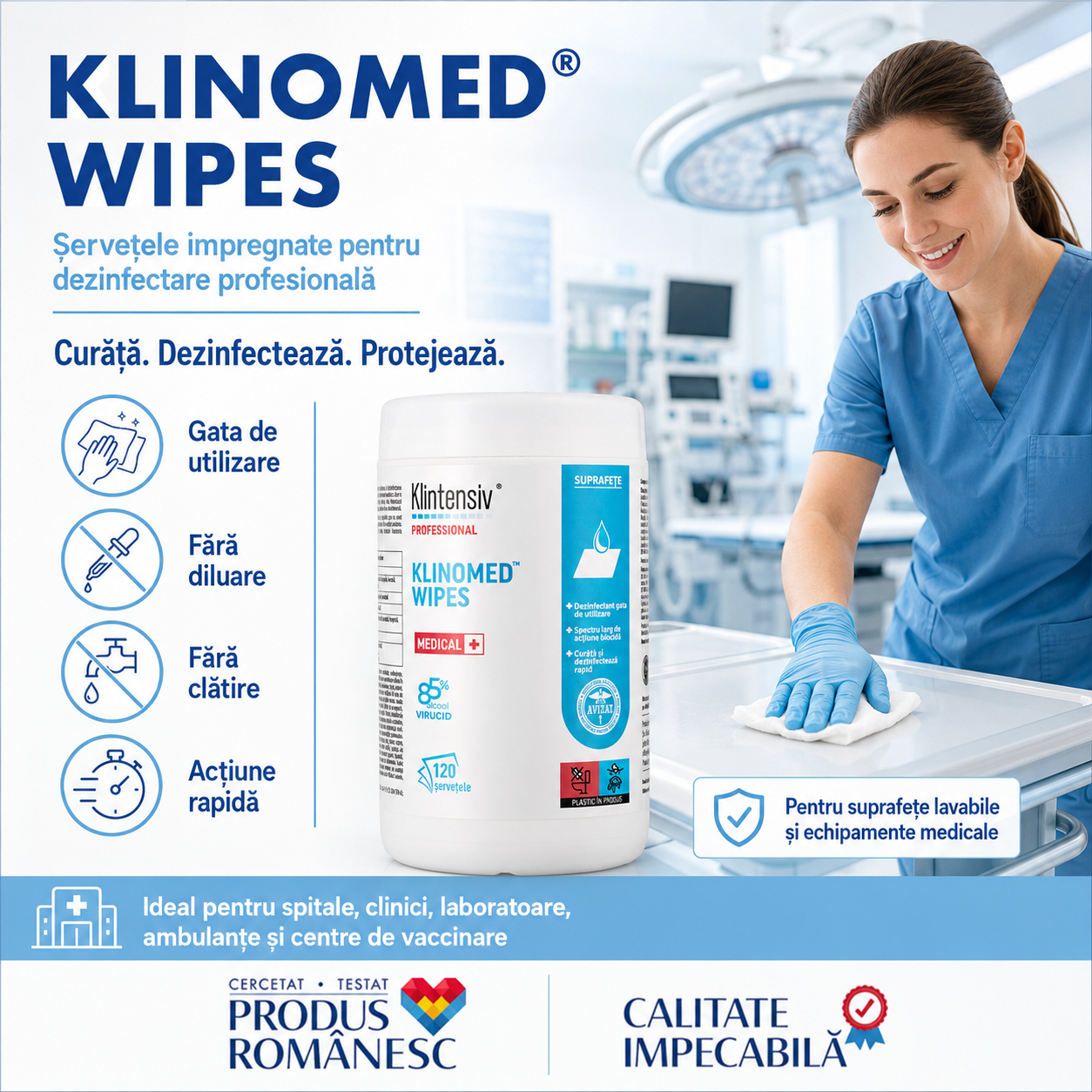 Klinomed Wipes pentru spitale clinici laboratoare ambulanțe și centre de vaccinare