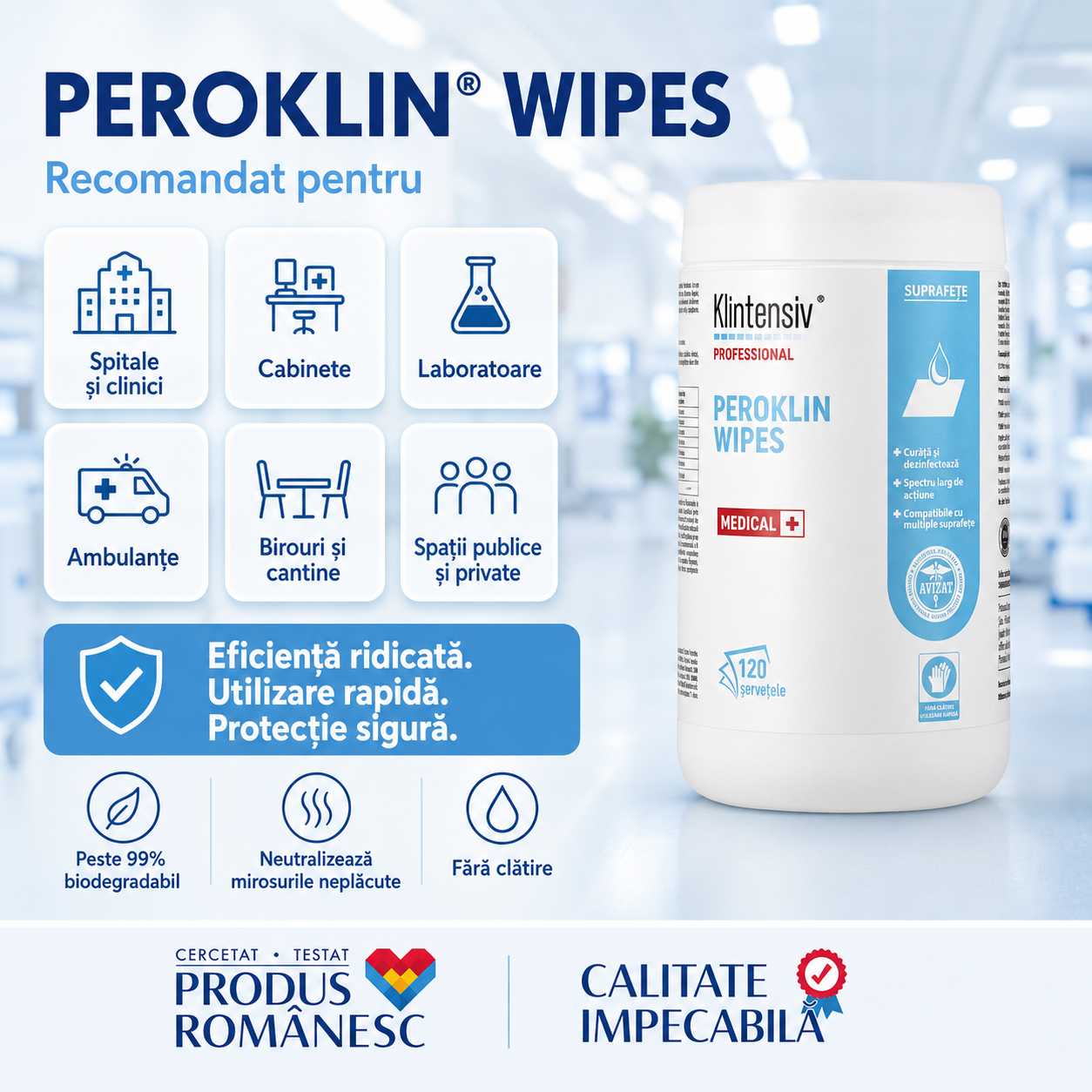 Peroklin Wipes pentru spitale clinici cabinete laboratoare și ambulanțe