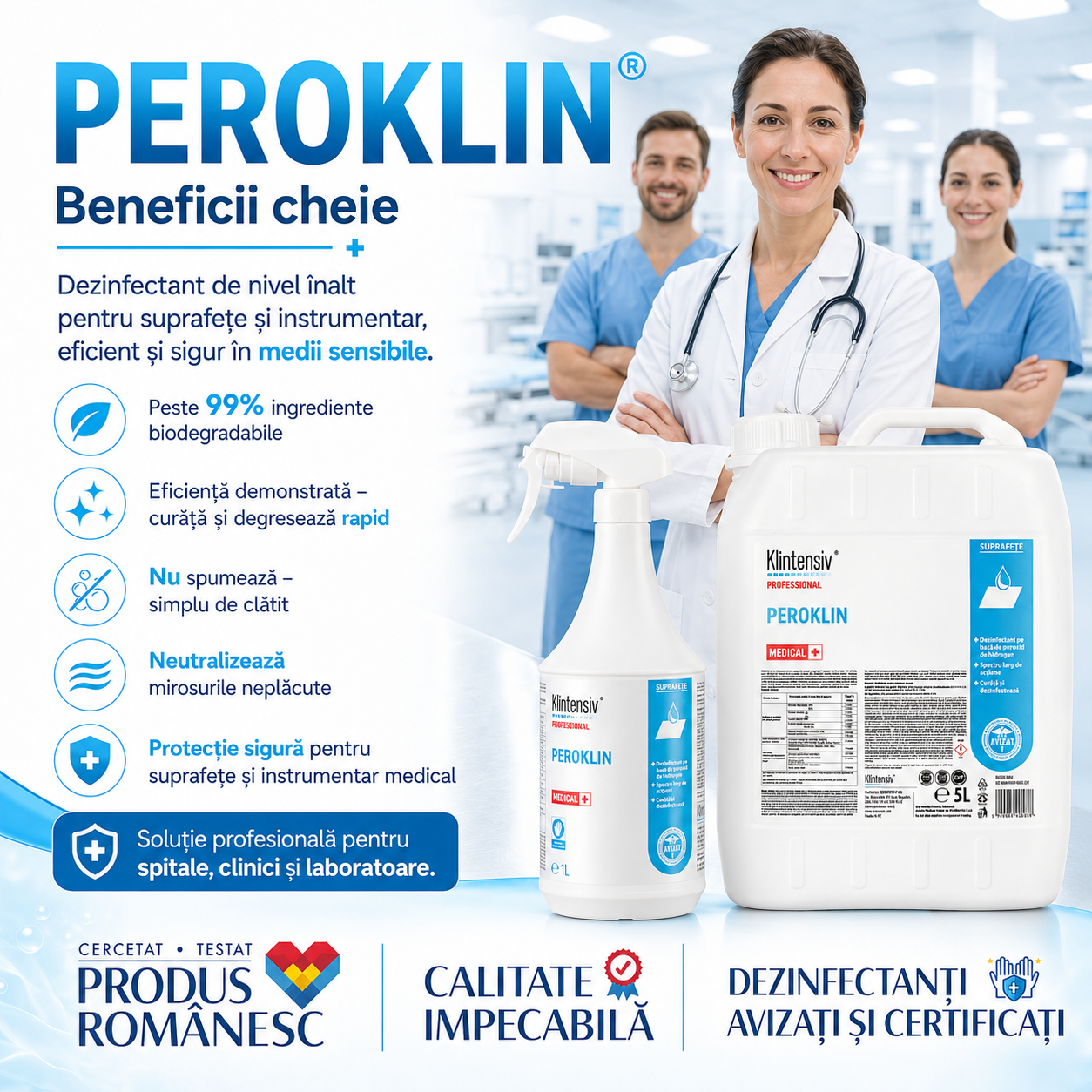 Beneficii Peroklin peste 99% biodegradabil nu spumează neutralizează mirosurile