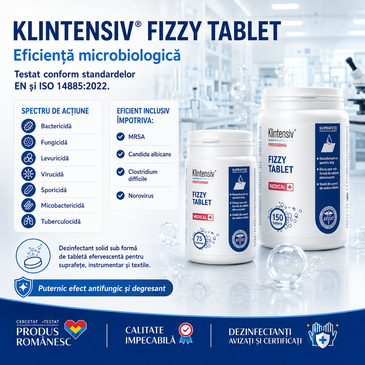 Teste eficacitate Klintensiv Fizzy Tablet bactericid virucid sporicid aviz 5461BIO