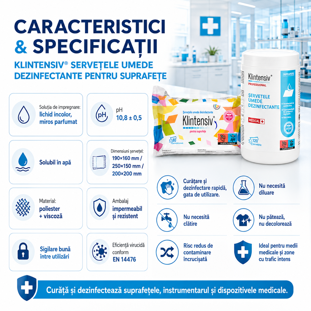 Klintensiv șervețele dezinfectante pentru suprafețe medicale instrumentar și dispozitive
