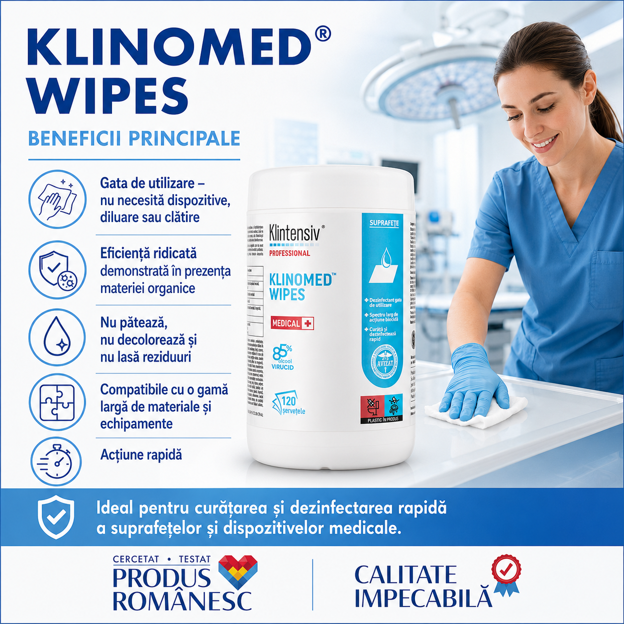 Beneficii Klinomed Wipes 85% etanol fără clătire fără reziduuri