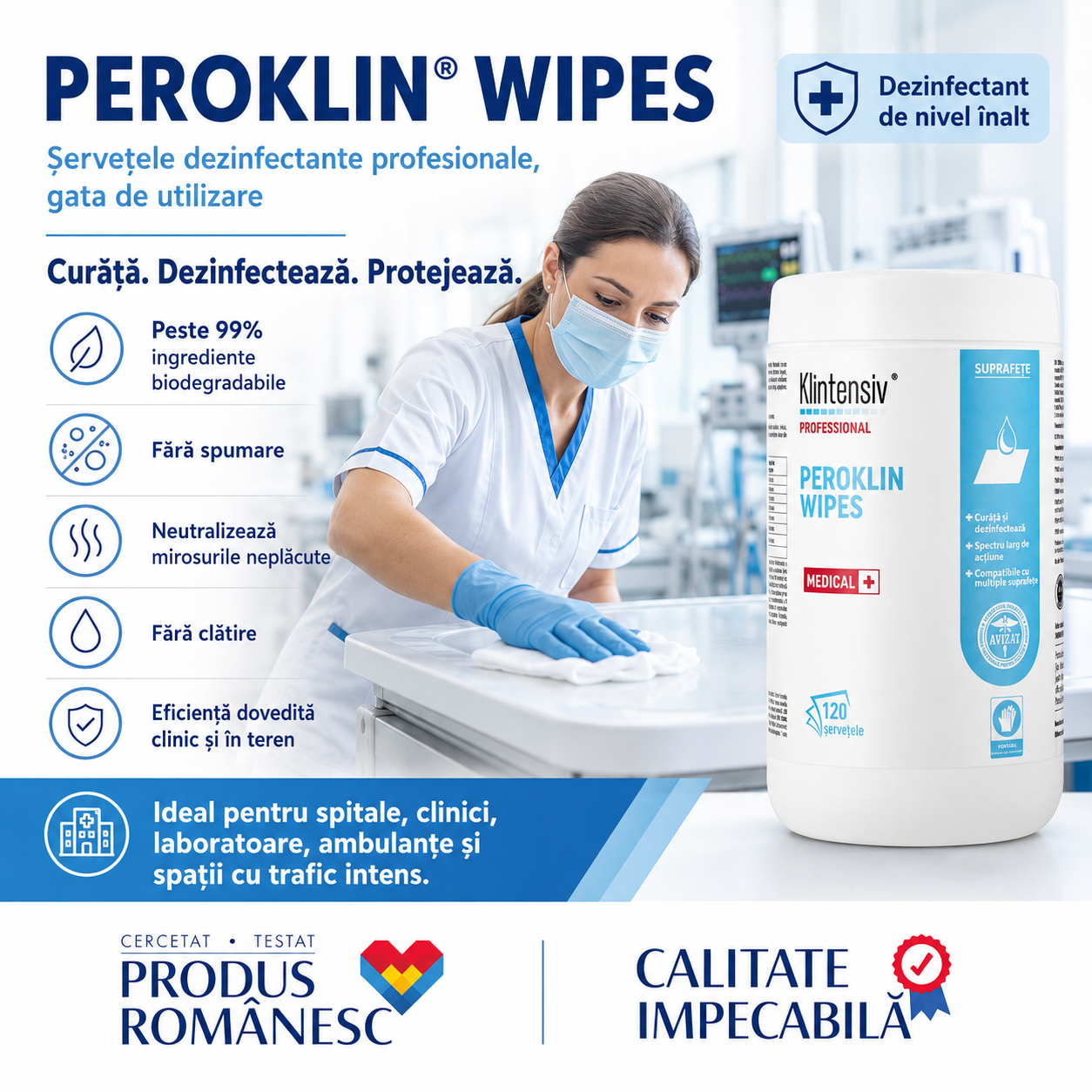 Beneficii Peroklin Wipes peste 99% biodegradabil fără spumare fără clătire