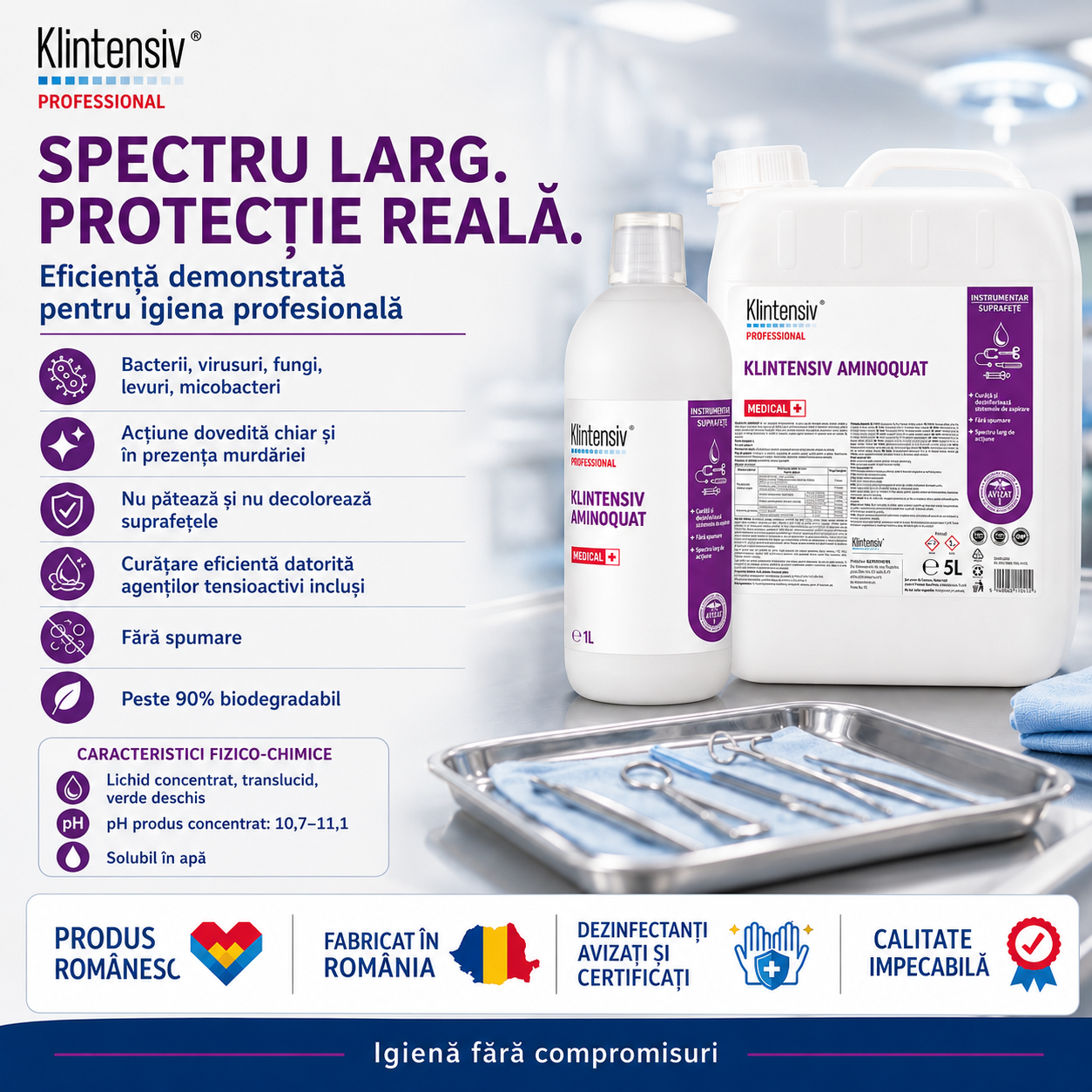 Beneficii Klintensiv Aminoquat biodegradabil nu pătează eficient &icirc;n murdărie