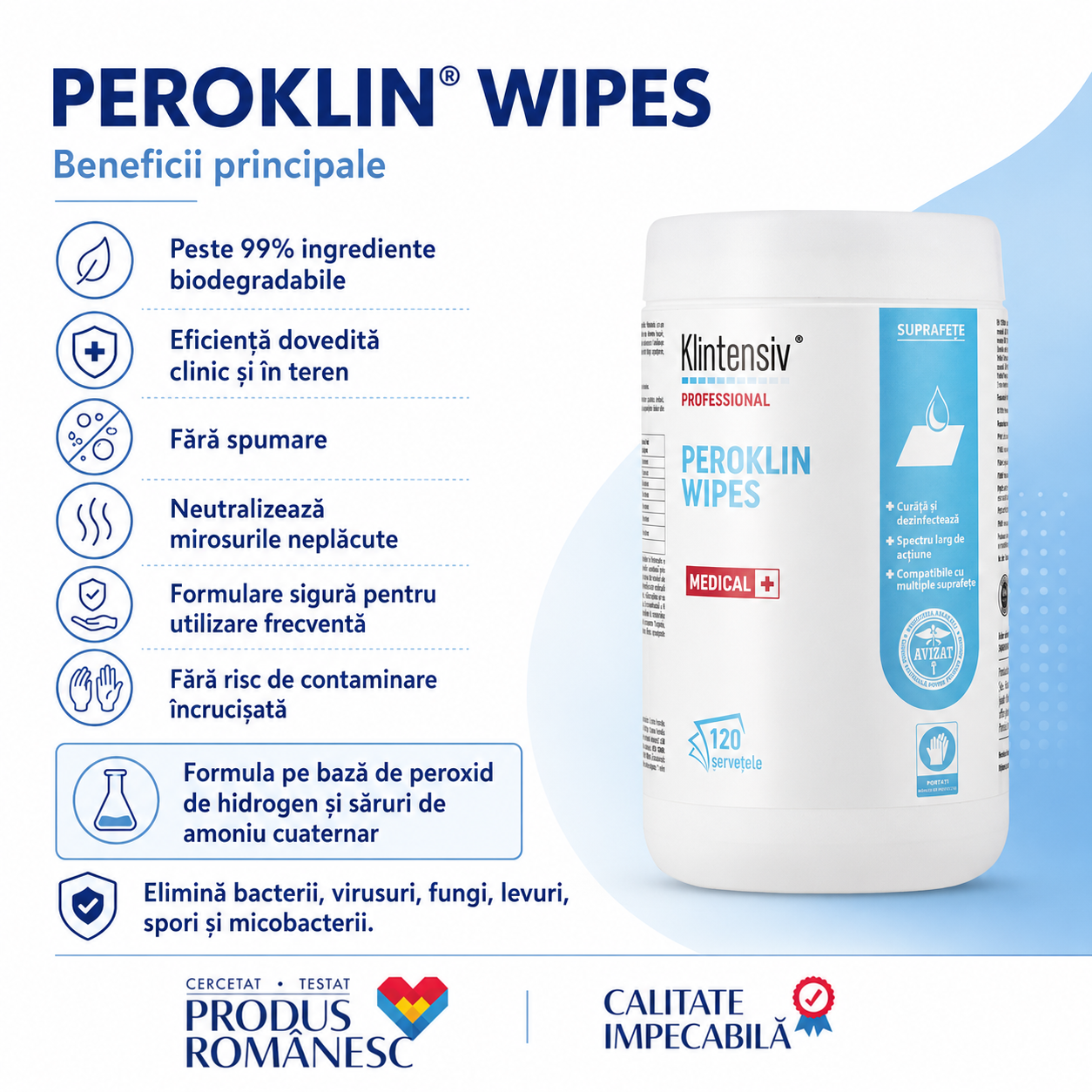 Peroklin Wipes pentru suprafețe echipamente instrumentar și spații cu risc biologic