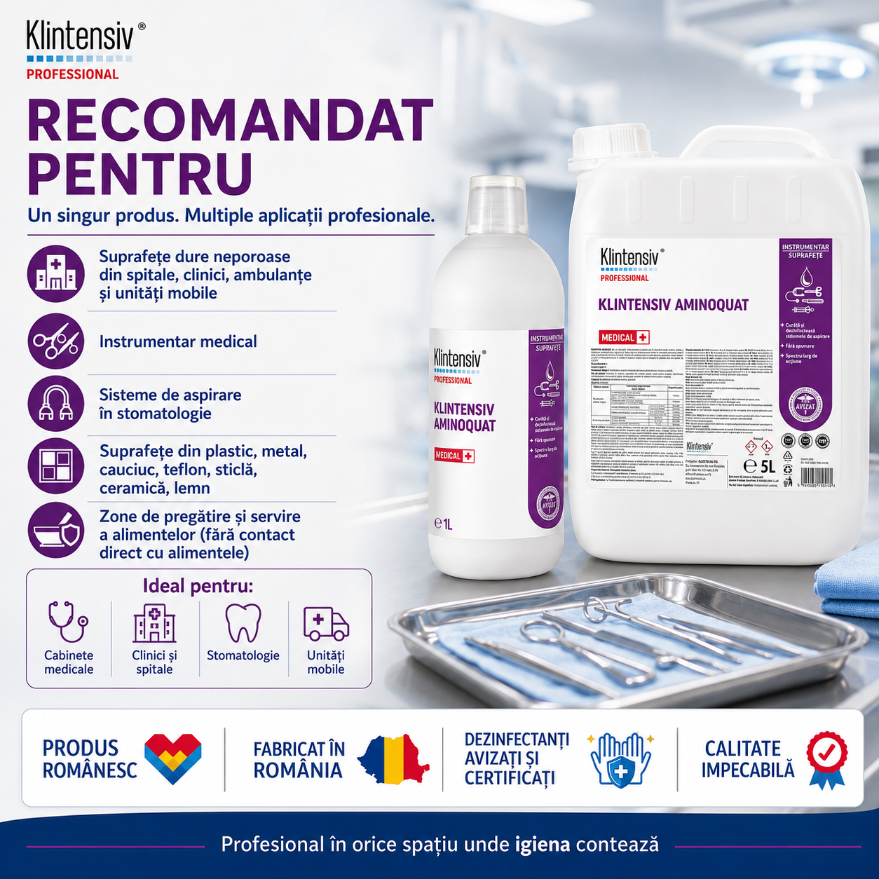 Klintensiv Aminoquat pentru suprafețe instrumentar sisteme aspirare stomatologie